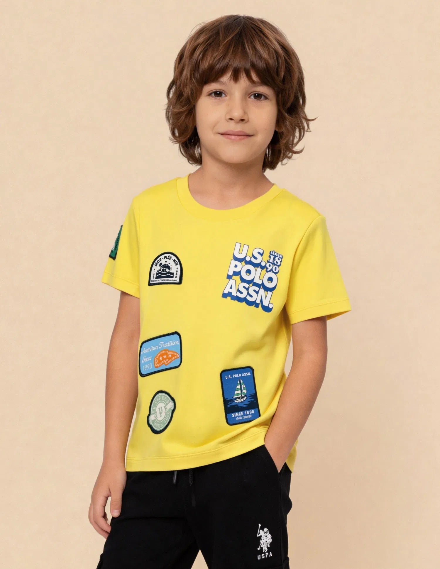 Boys Light Yellow Cotton Applique Regular Fit T-Shirt