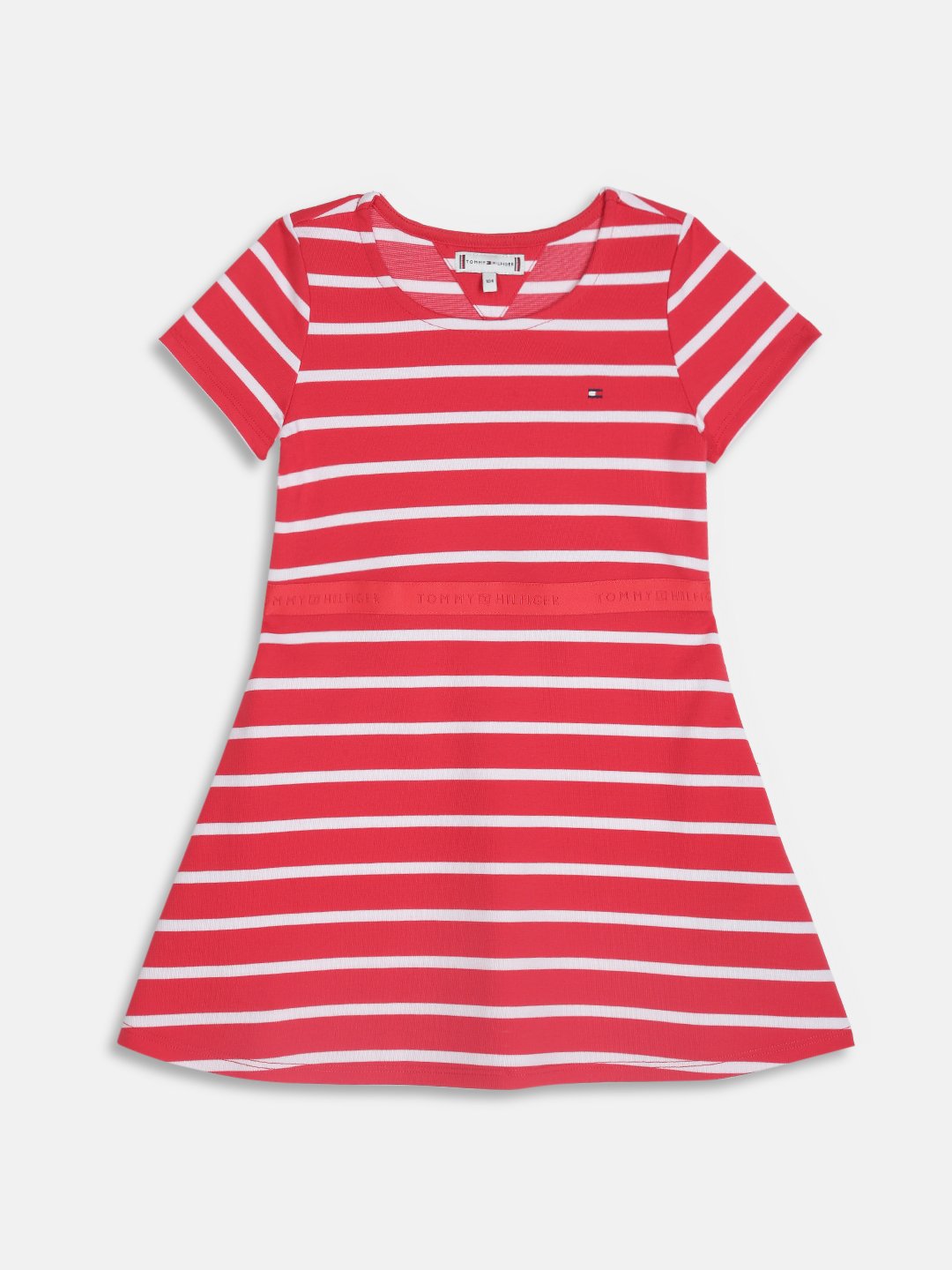 Girls Red Striped Half Sleeve A-Line Knit Dress