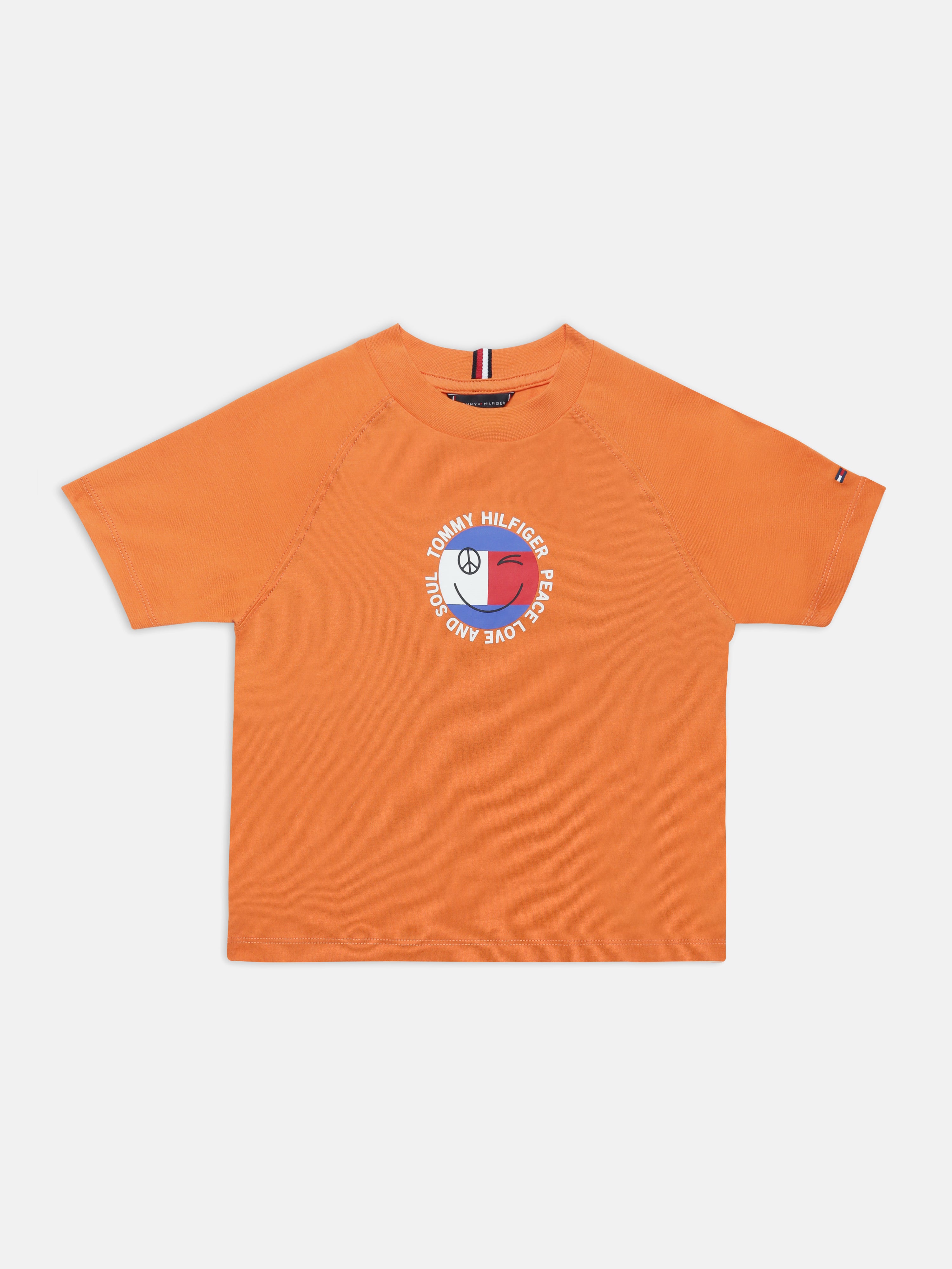 Boys Orange Graphic Cotton Crew Neck Knit Top Regular Fit