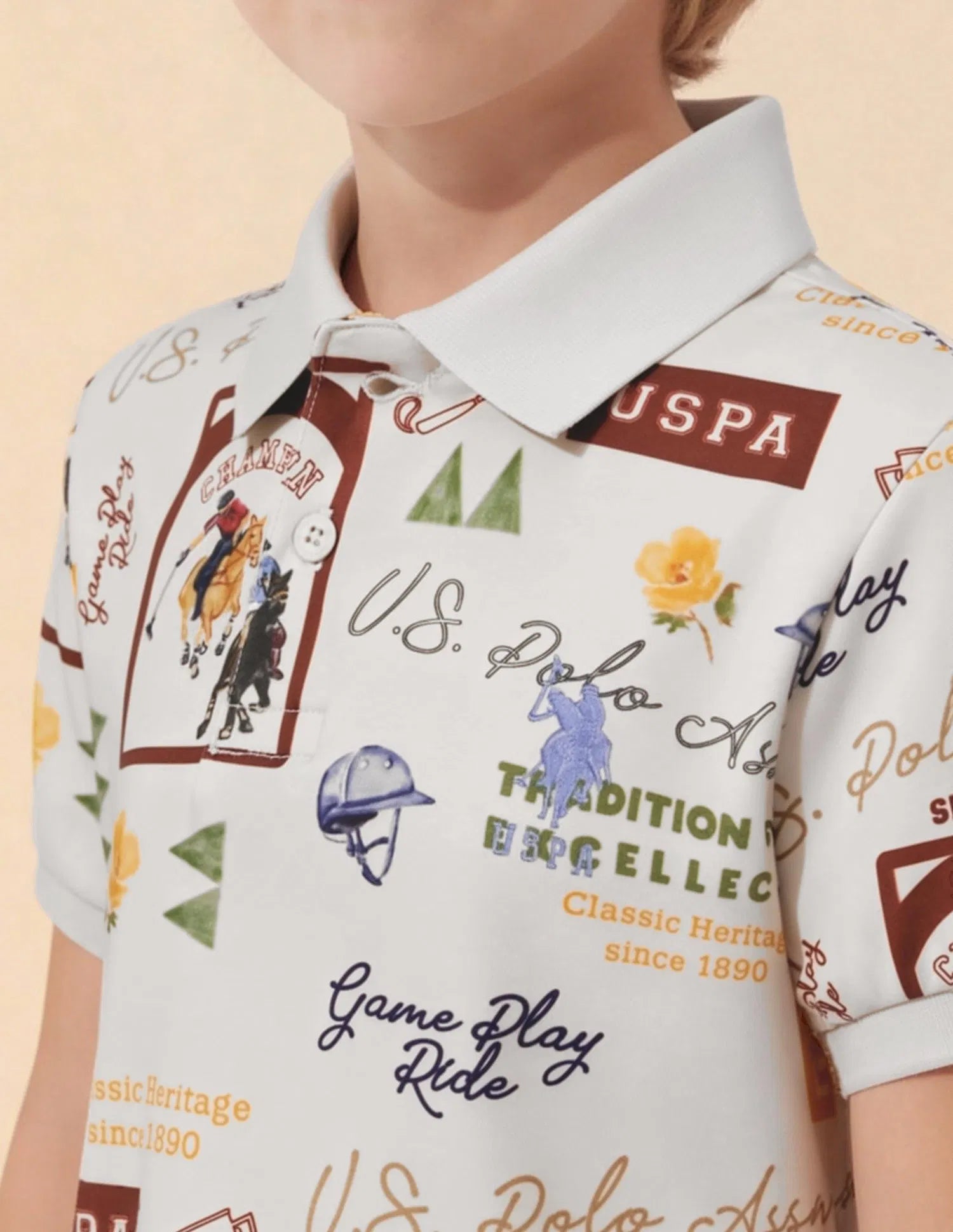 Boys Off White Cotton Graphic Print Regular Fit Polo Shirt