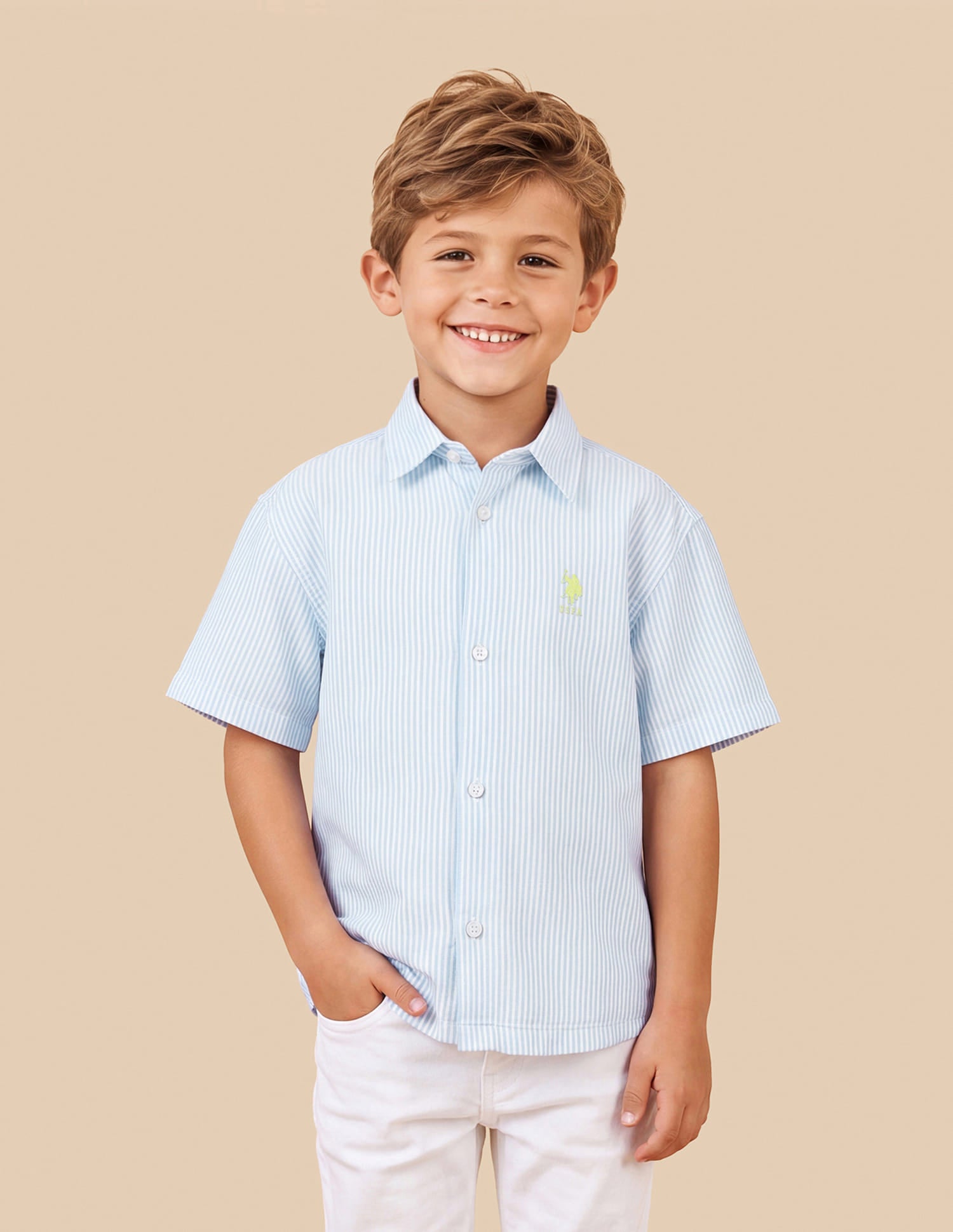Boys Light Blue Cotton Vertical Striped Boxy Fit Shirt