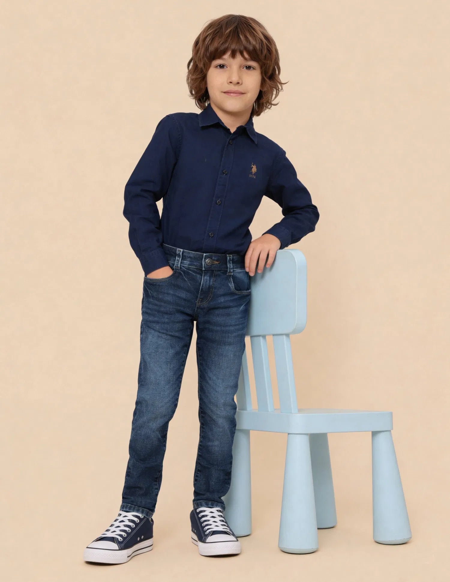 Boys Dark Blue Cotton Blend Whiskered Slim Fit Jeans