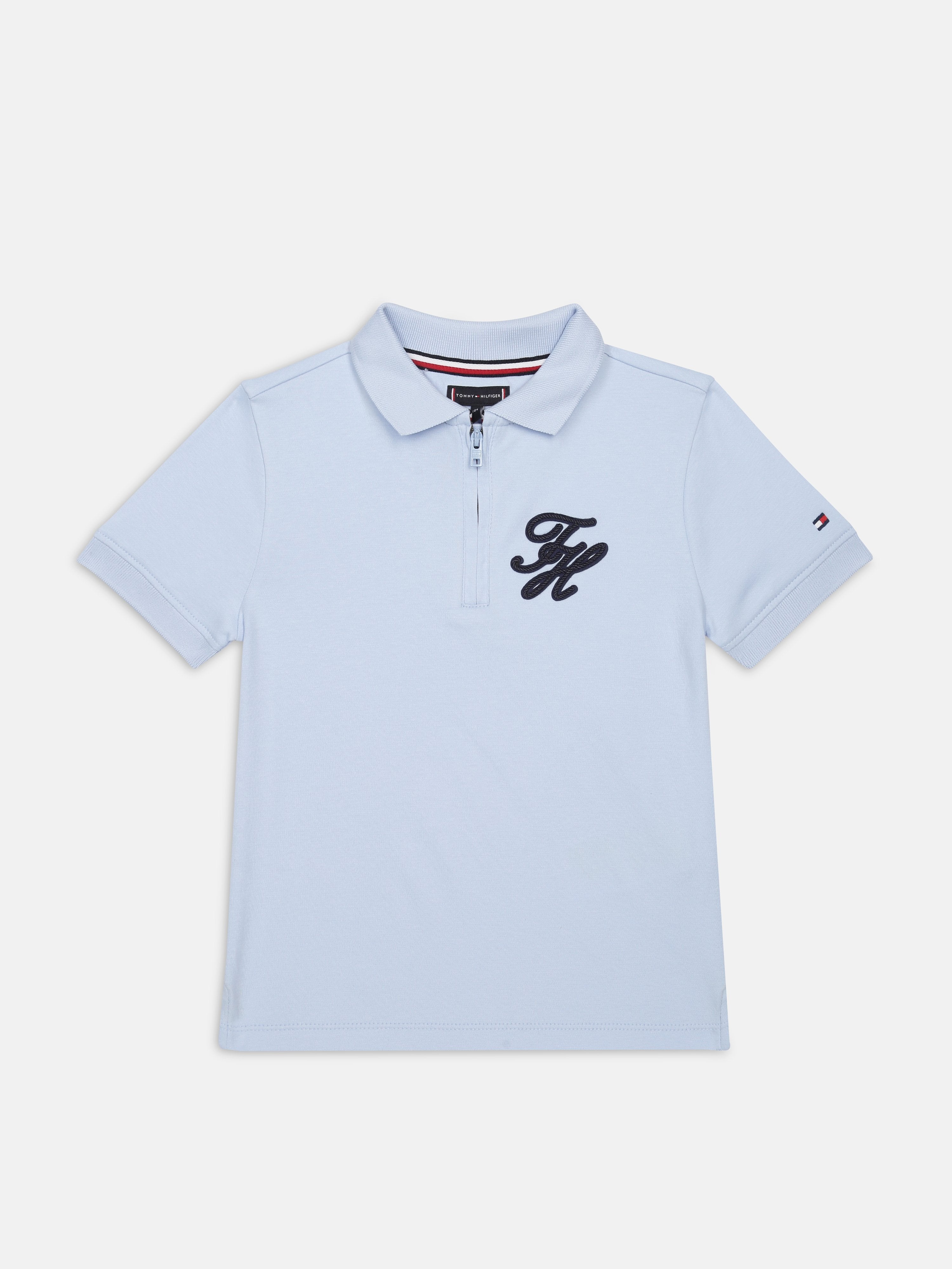 Boys Blue Logo Polo Collar Regular Fit Cotton Knit Top