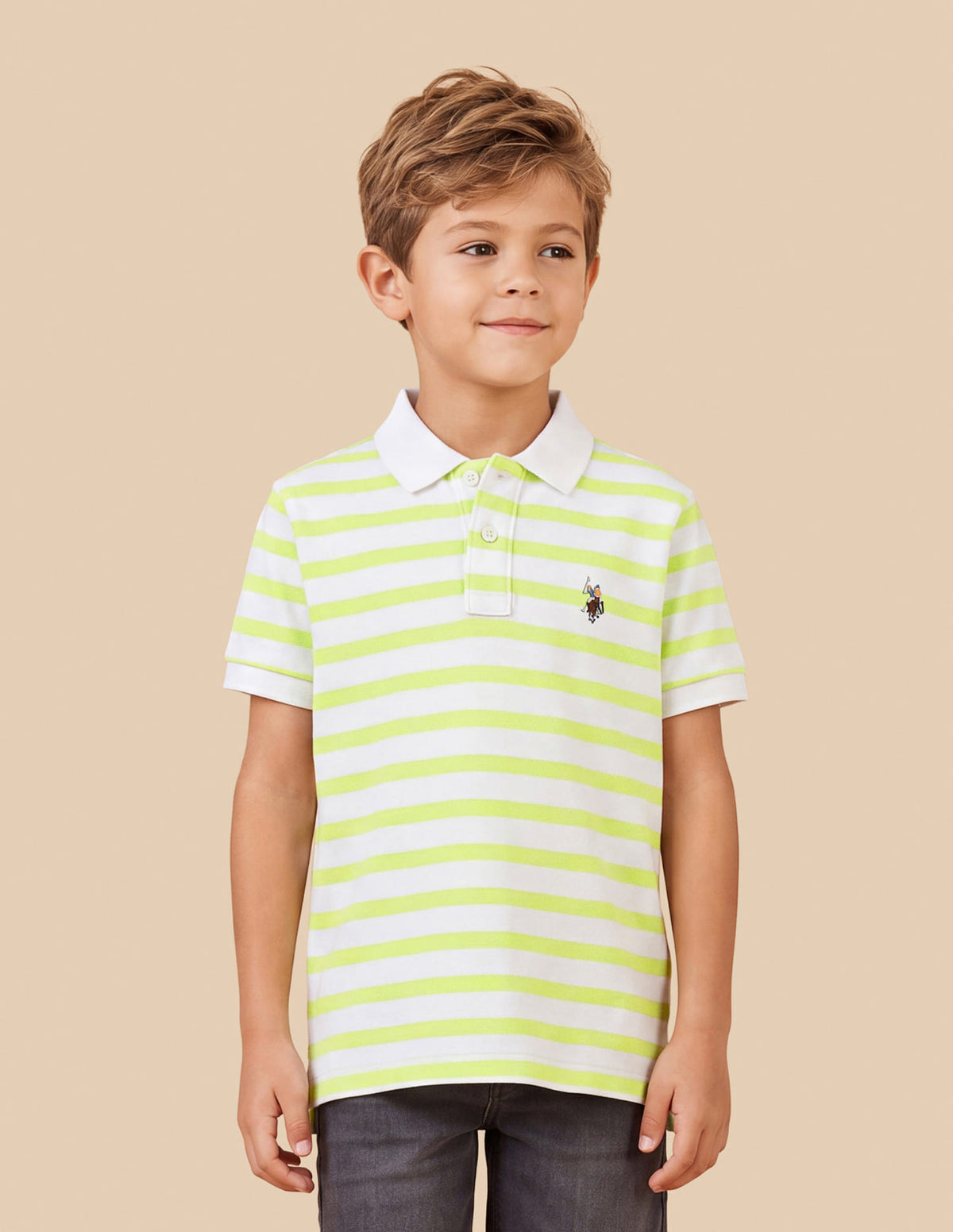 Boys Light Yellow Horizontal Striped Regular-Fit Cotton Elastane Polo Shirt