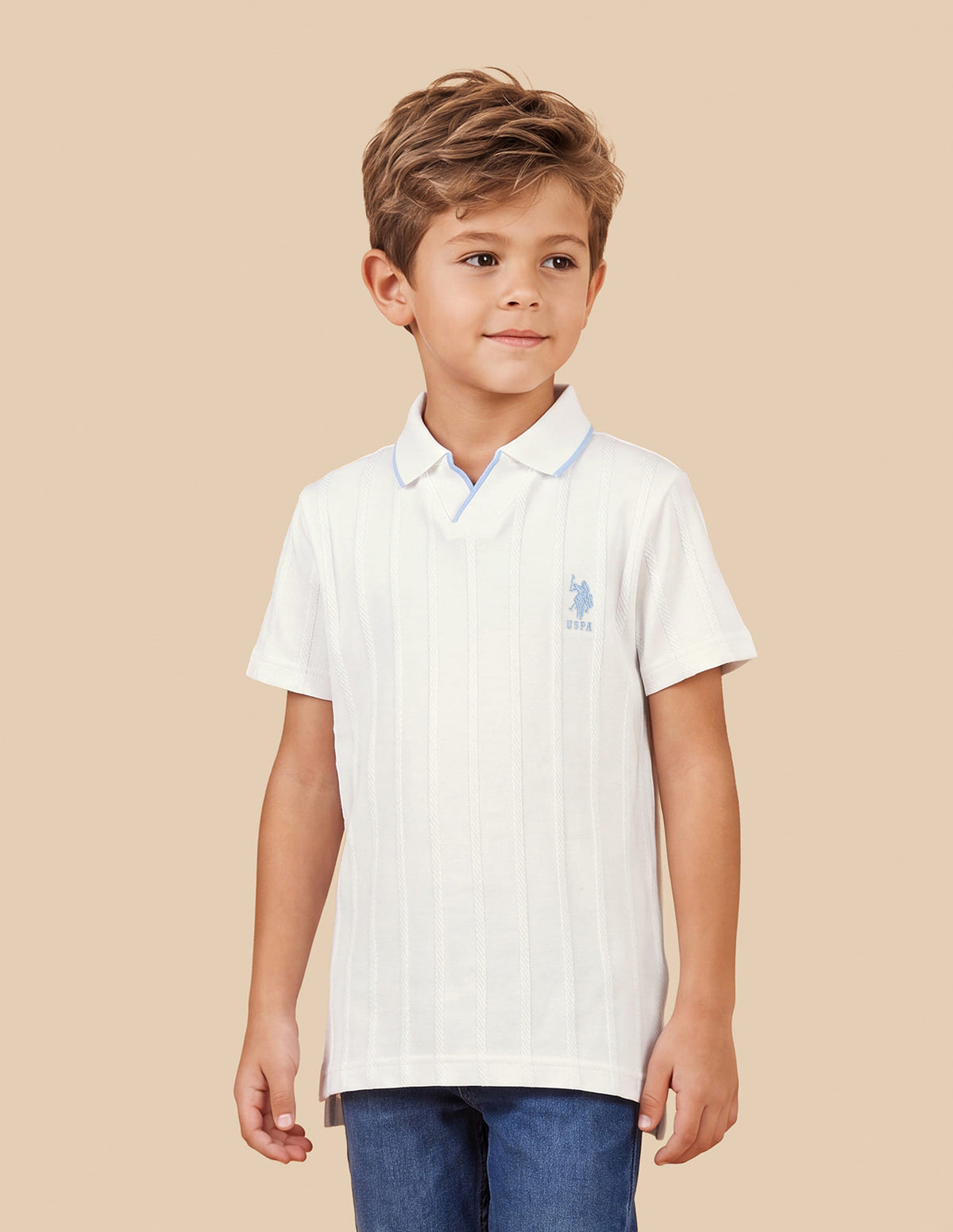 Boys Off White Cotton Vertical Striped Regular Fit Polo Shirt