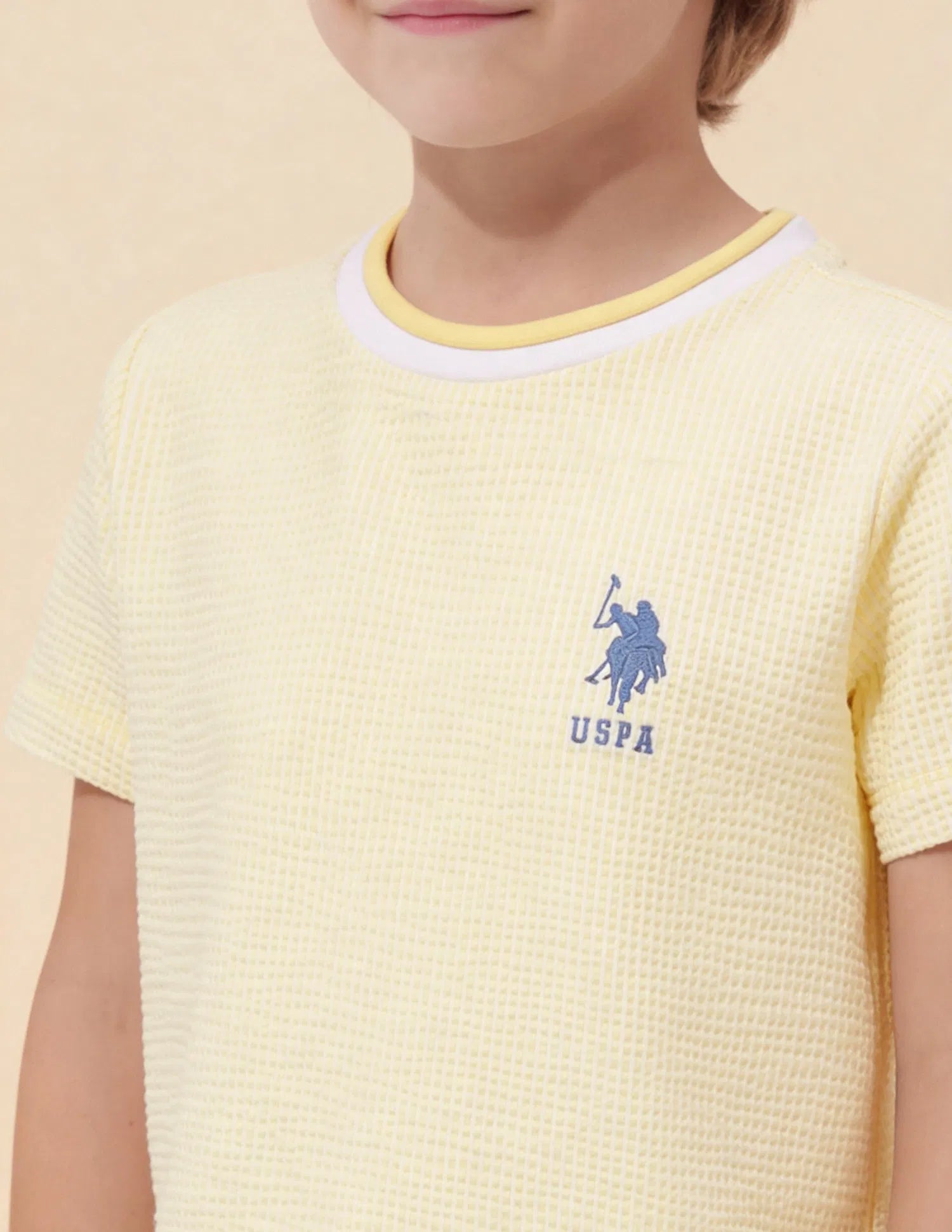 Boys Light Yellow Cotton Blend Textured Regular Fit T-Shirt