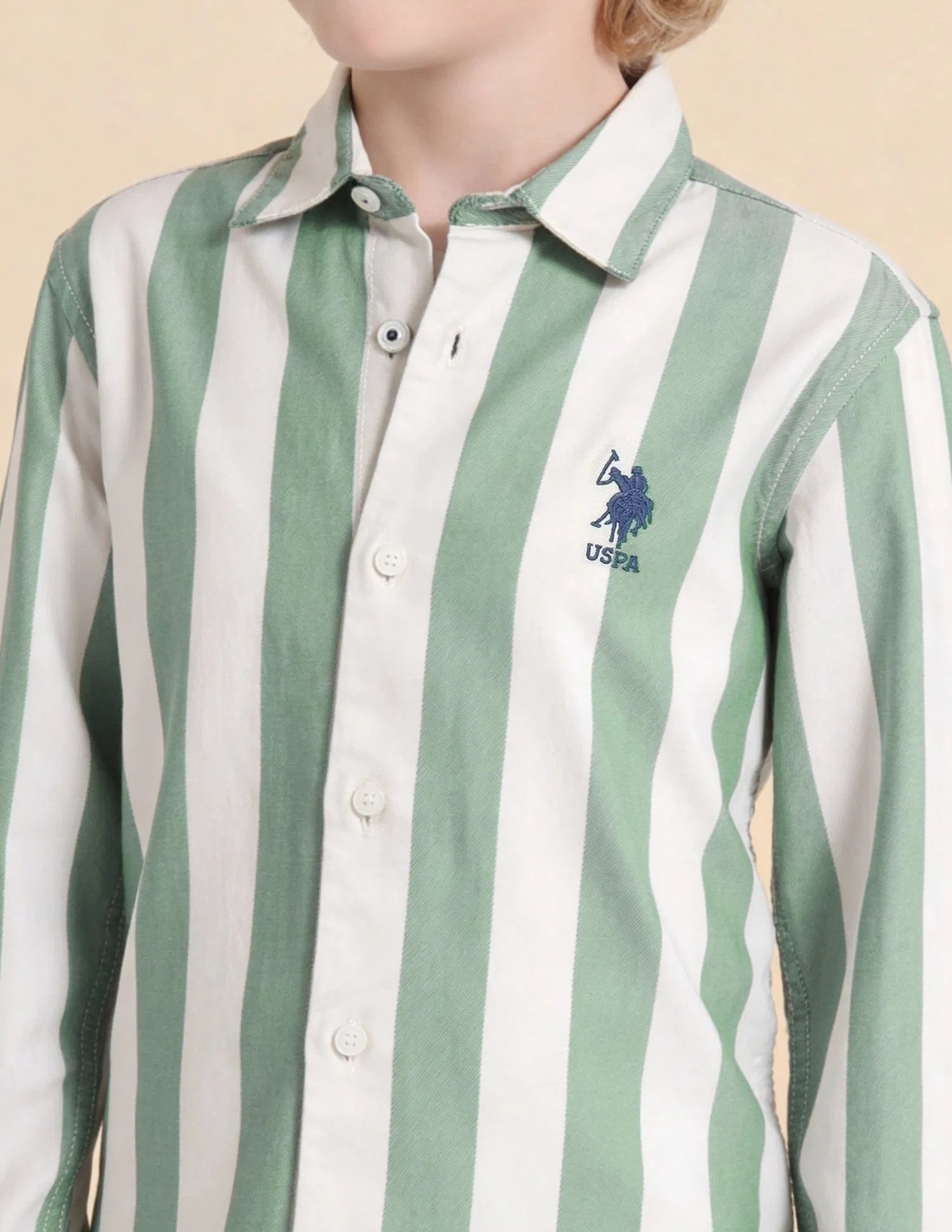 Boys Green Vertical Striped Cotton Twill Shirt – Regular Fit