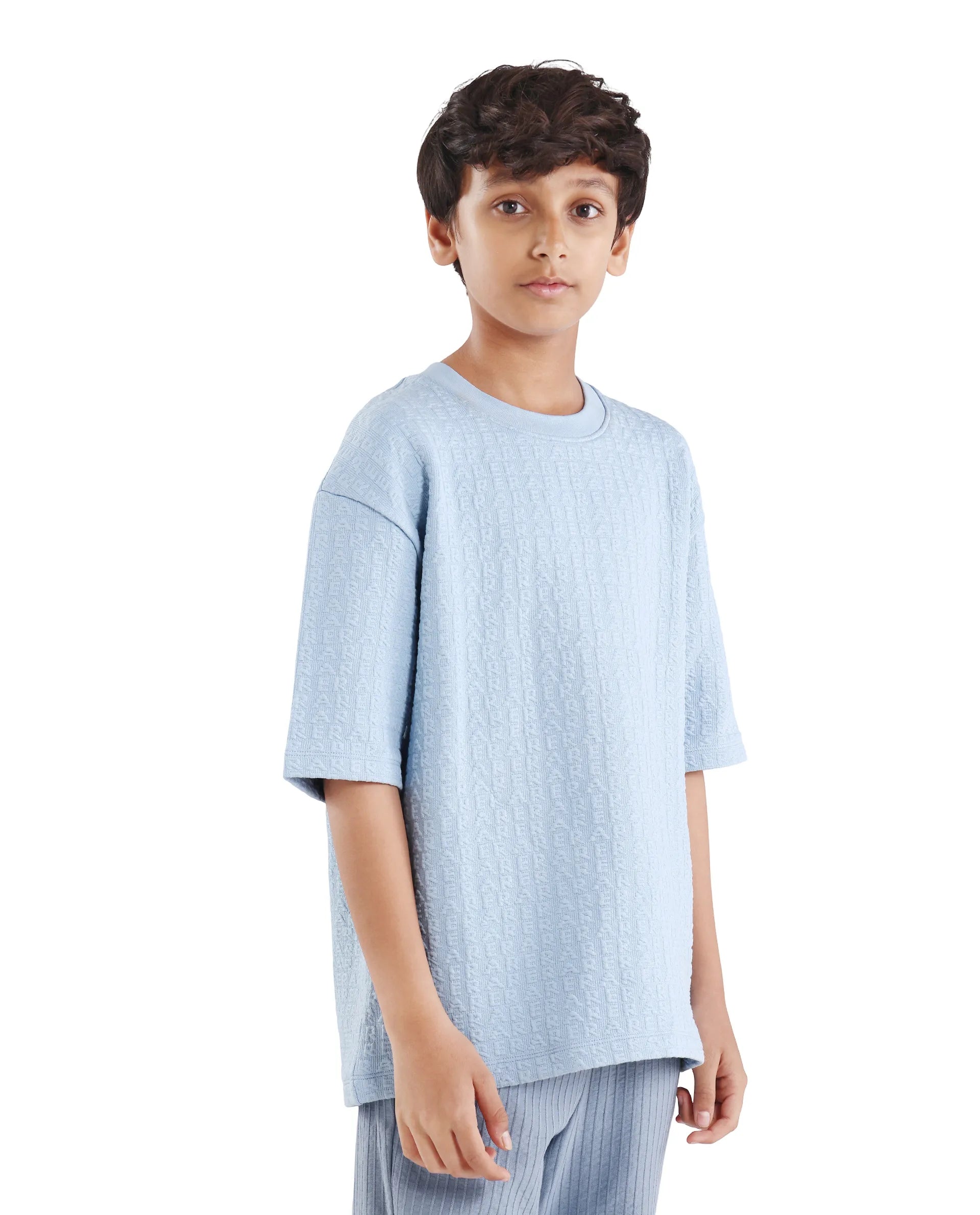 Boys Blue Jacquard Oversized Polyester Blend T-Shirt