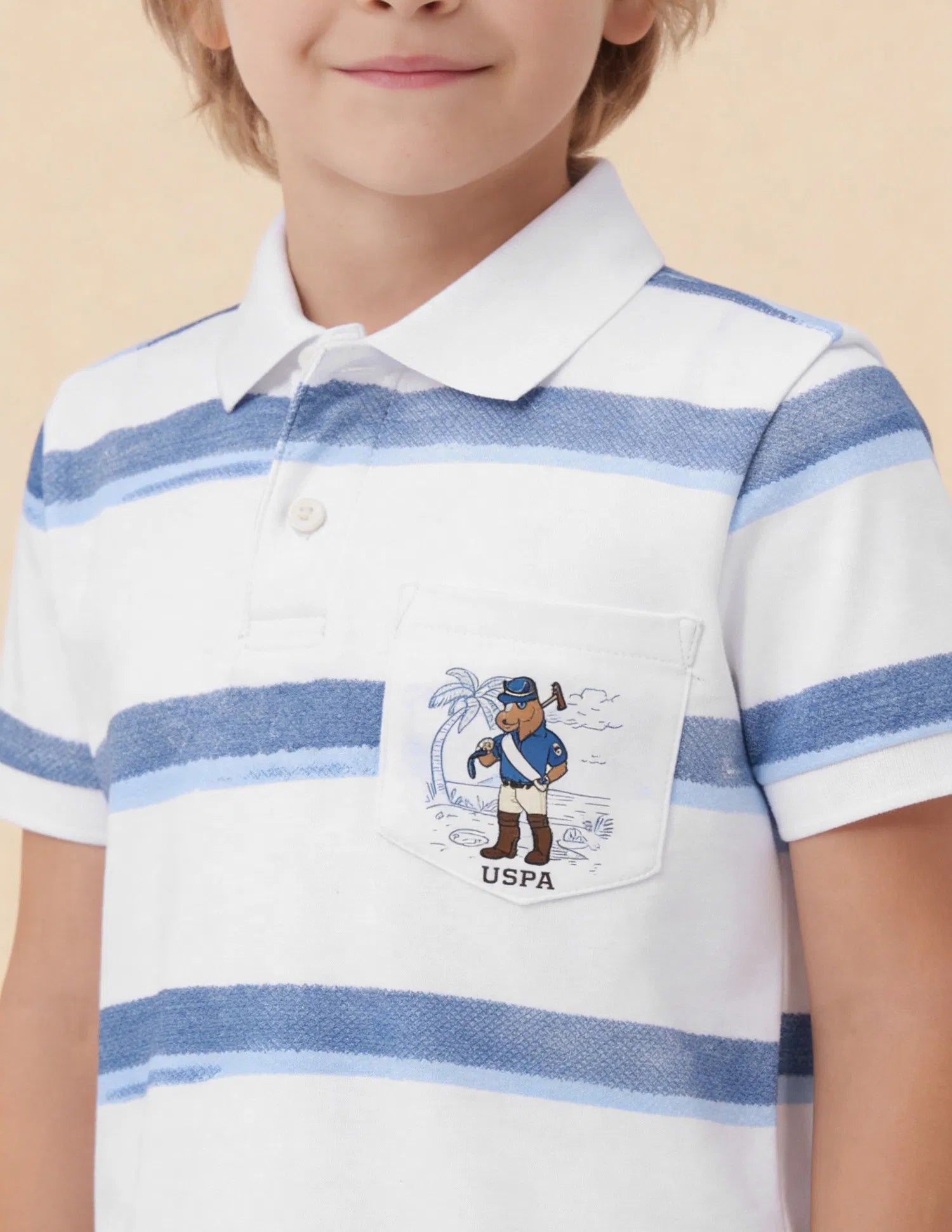 Boys White Cotton Horizontal Striped Regular Fit Polo Shirt