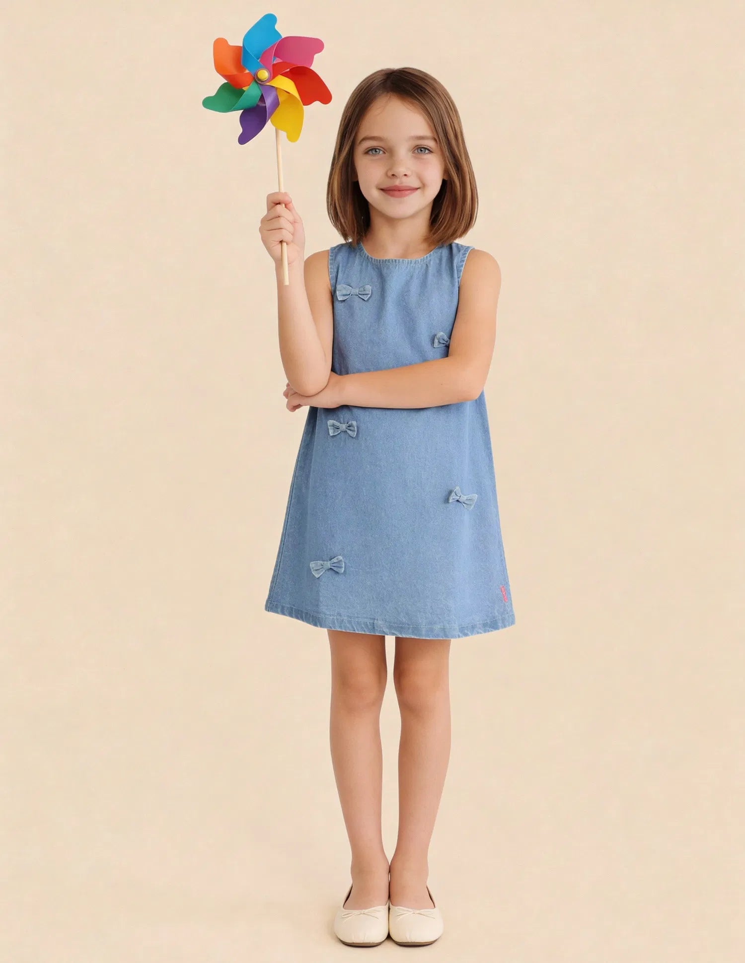 Girls Light Blue Cotton Embellished A-Line Dress