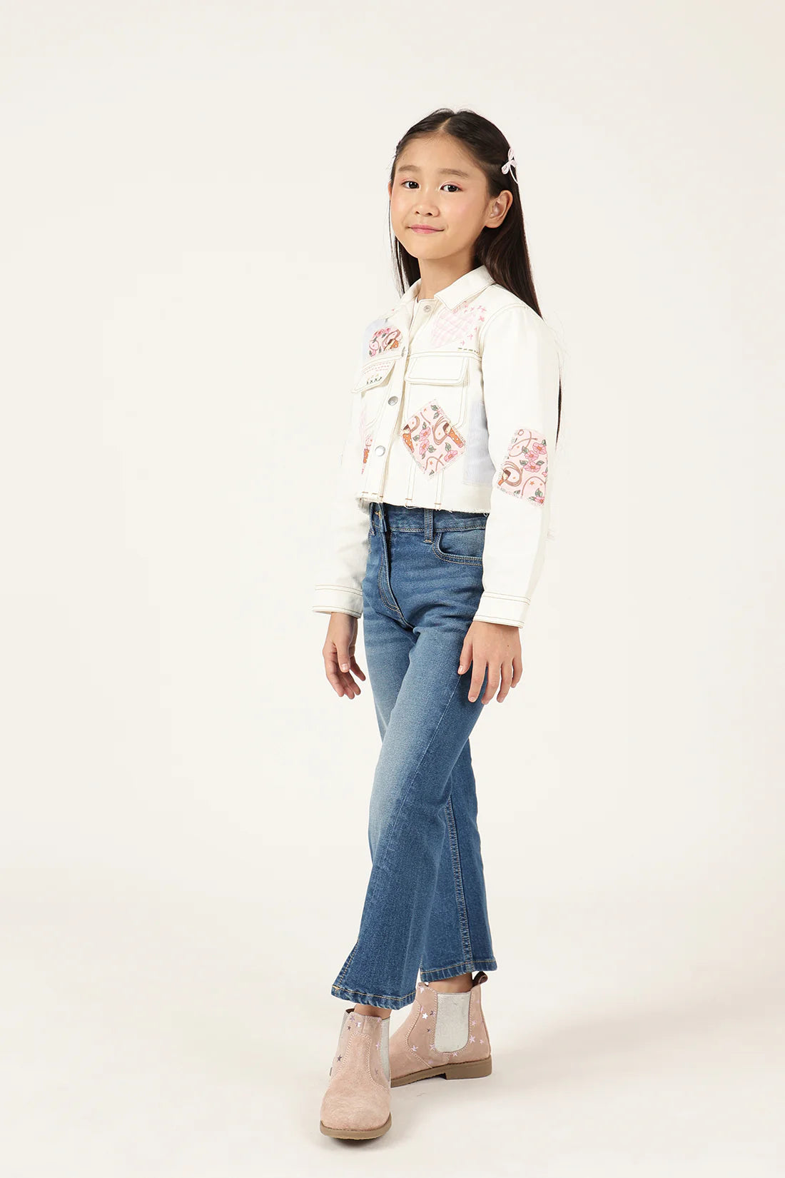 Girls Off White Abstract Cotton Drill Jacket