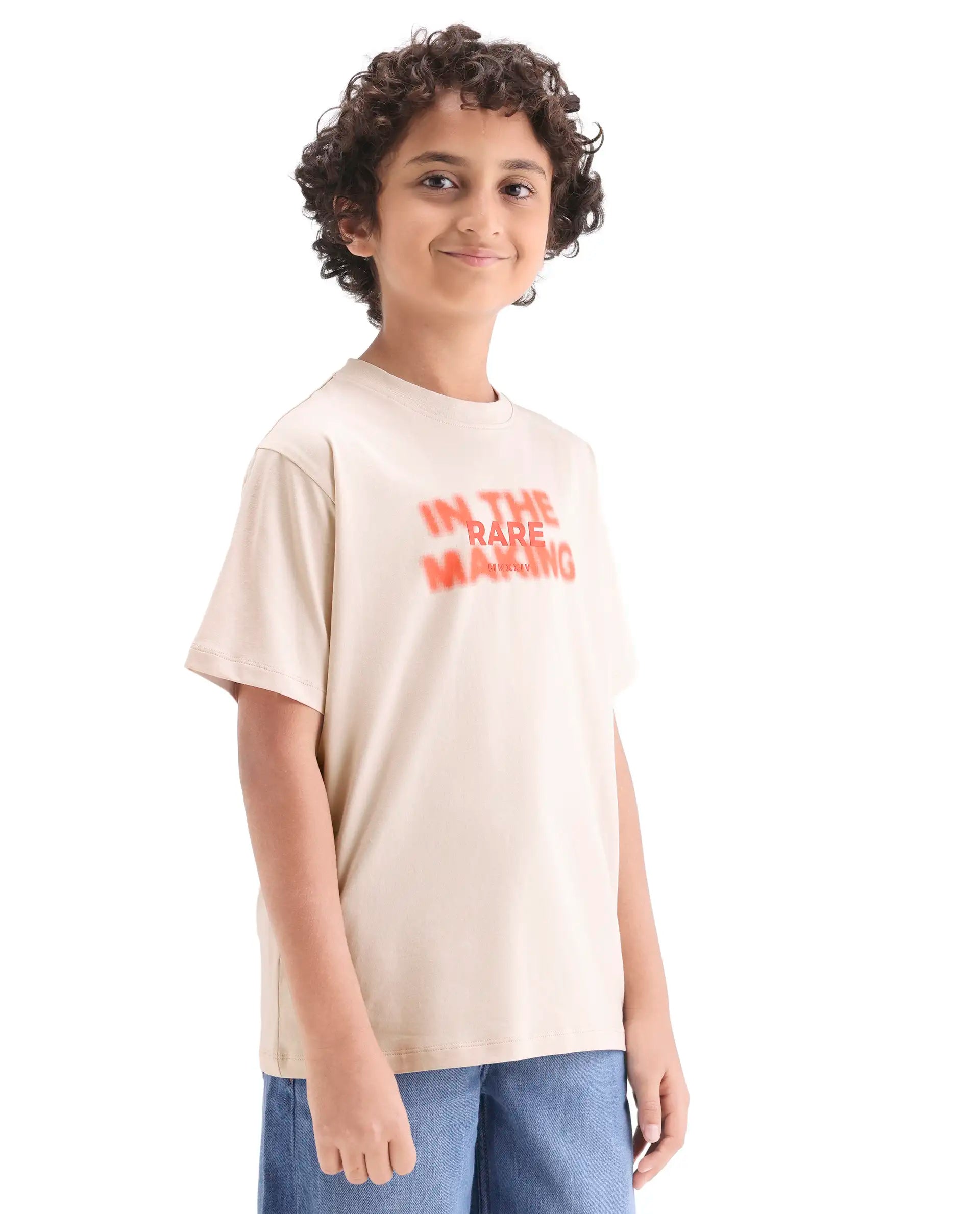 Boys Light Beige HD Print Regular Fit T-Shirt