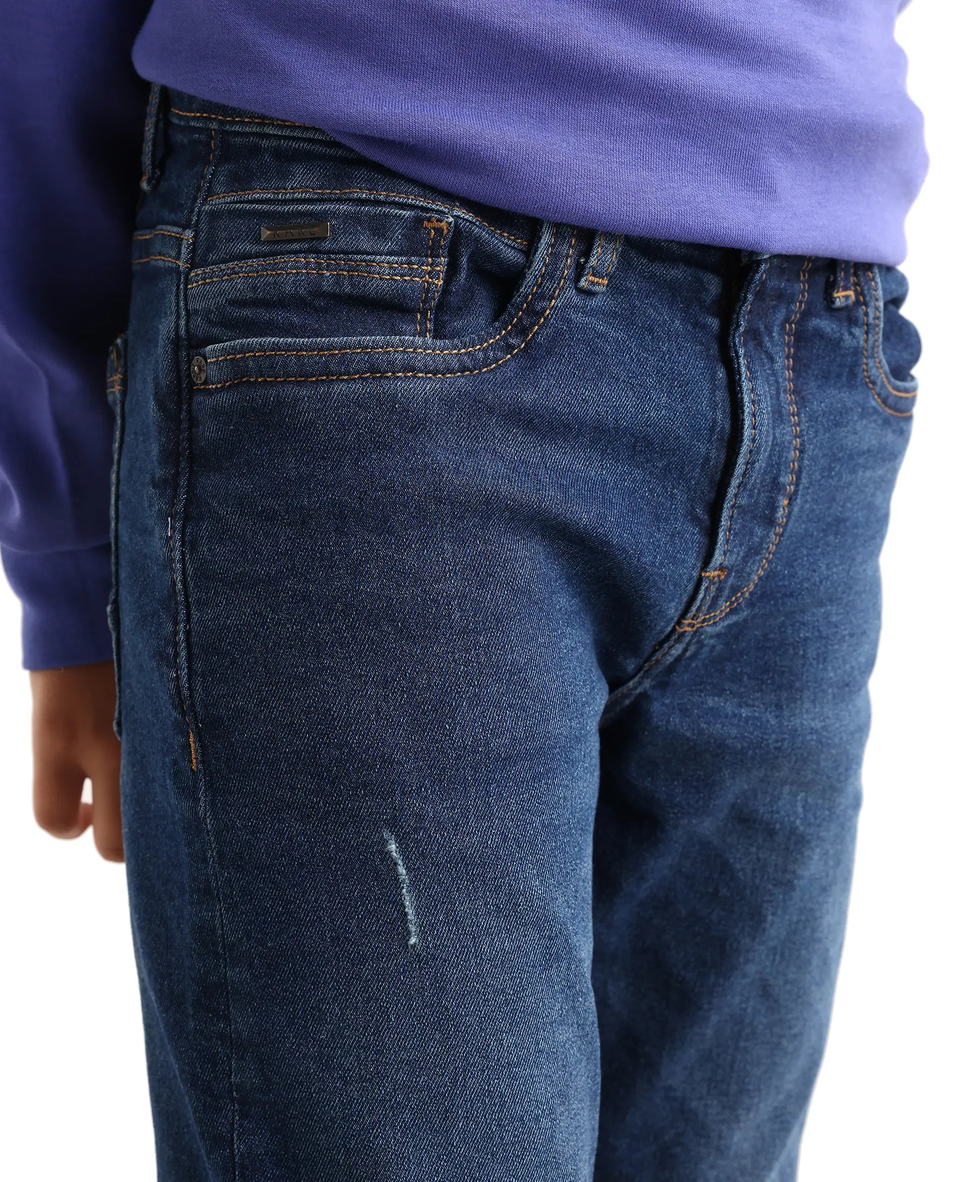 Boys Dark Blue Slim Fit Button-Zip Jeans