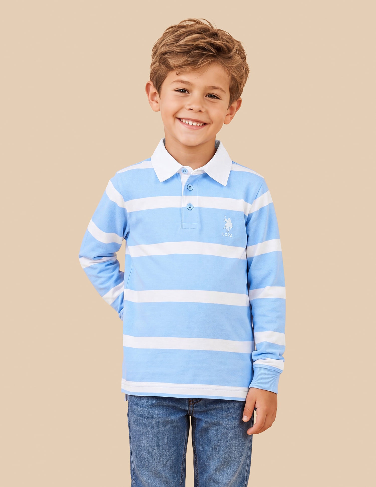 Boys Blue Cotton Horizontal Striped Regular Fit Polo Shirt