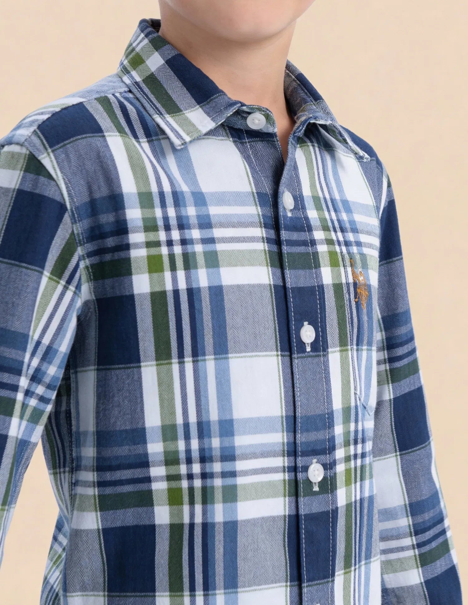 Boys Indigo Tartan Checked Cotton Twill Shirt – Regular Fit