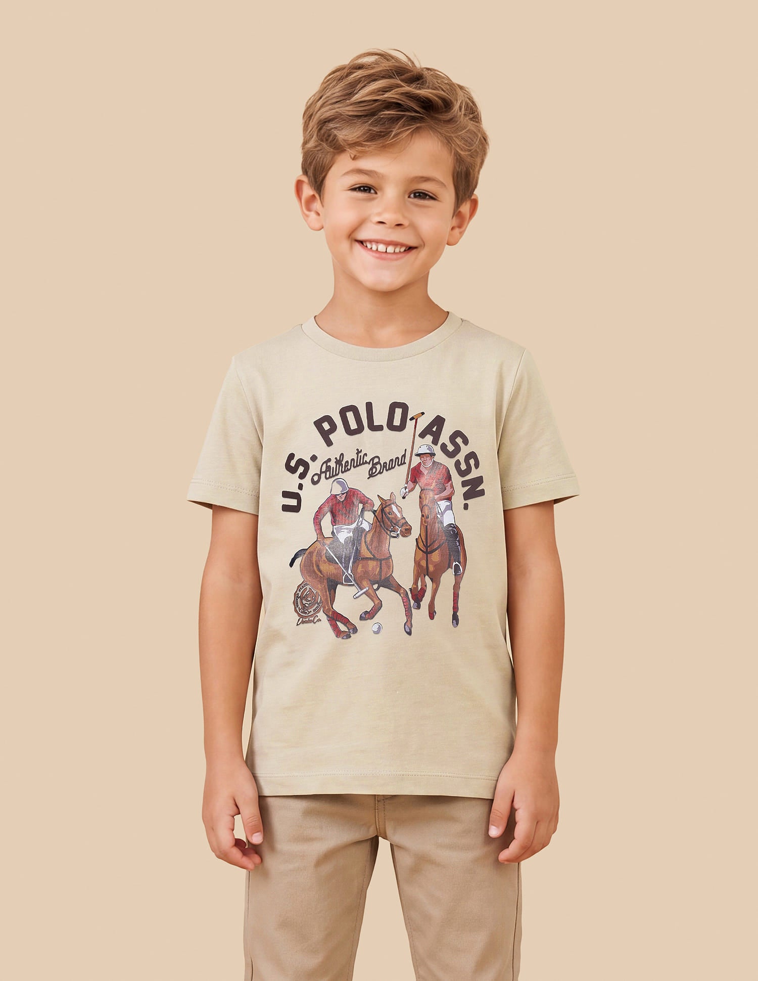 Boys Beige Cotton Graphic Print Regular Fit T-Shirt