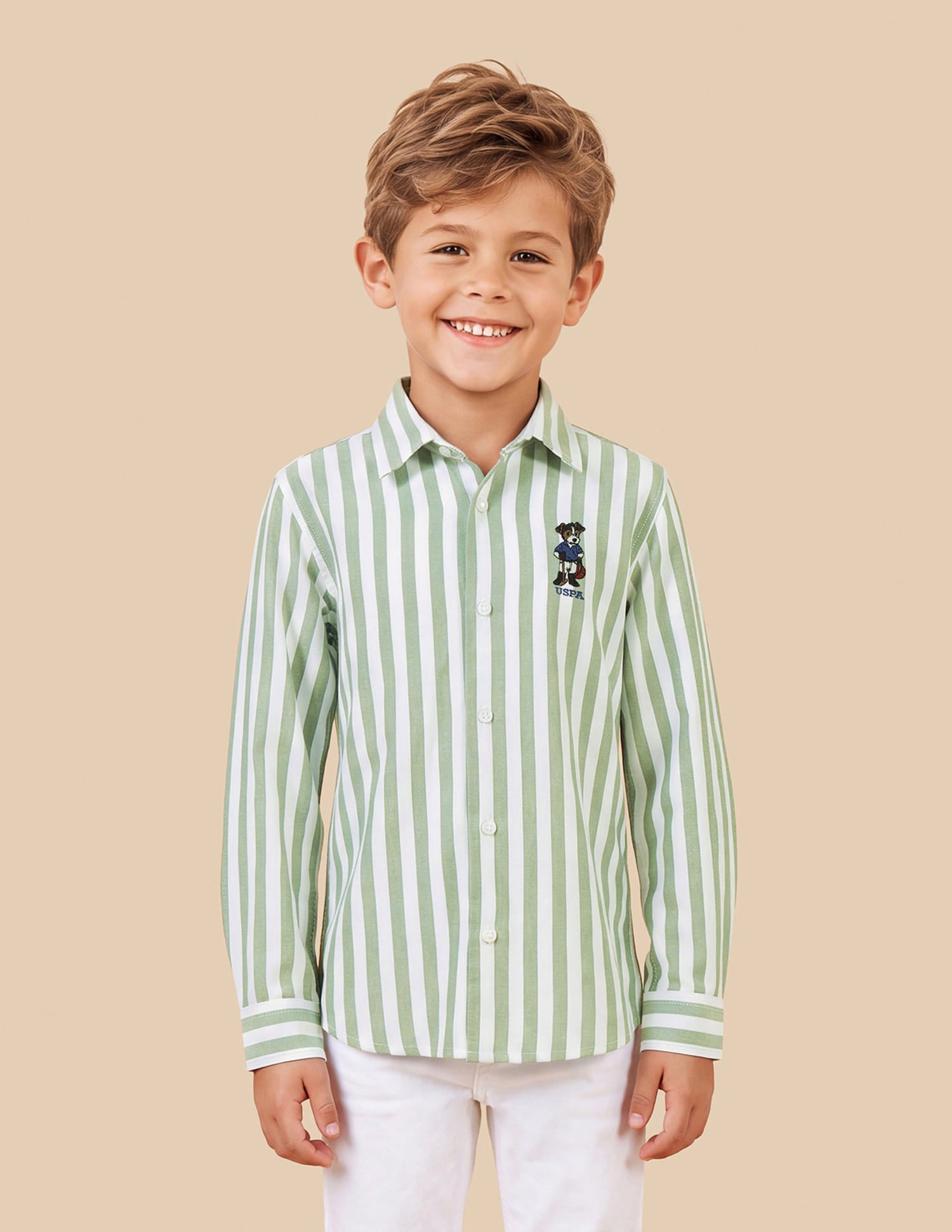 Boys Green Cotton Vertical Striped Oxford Shirt