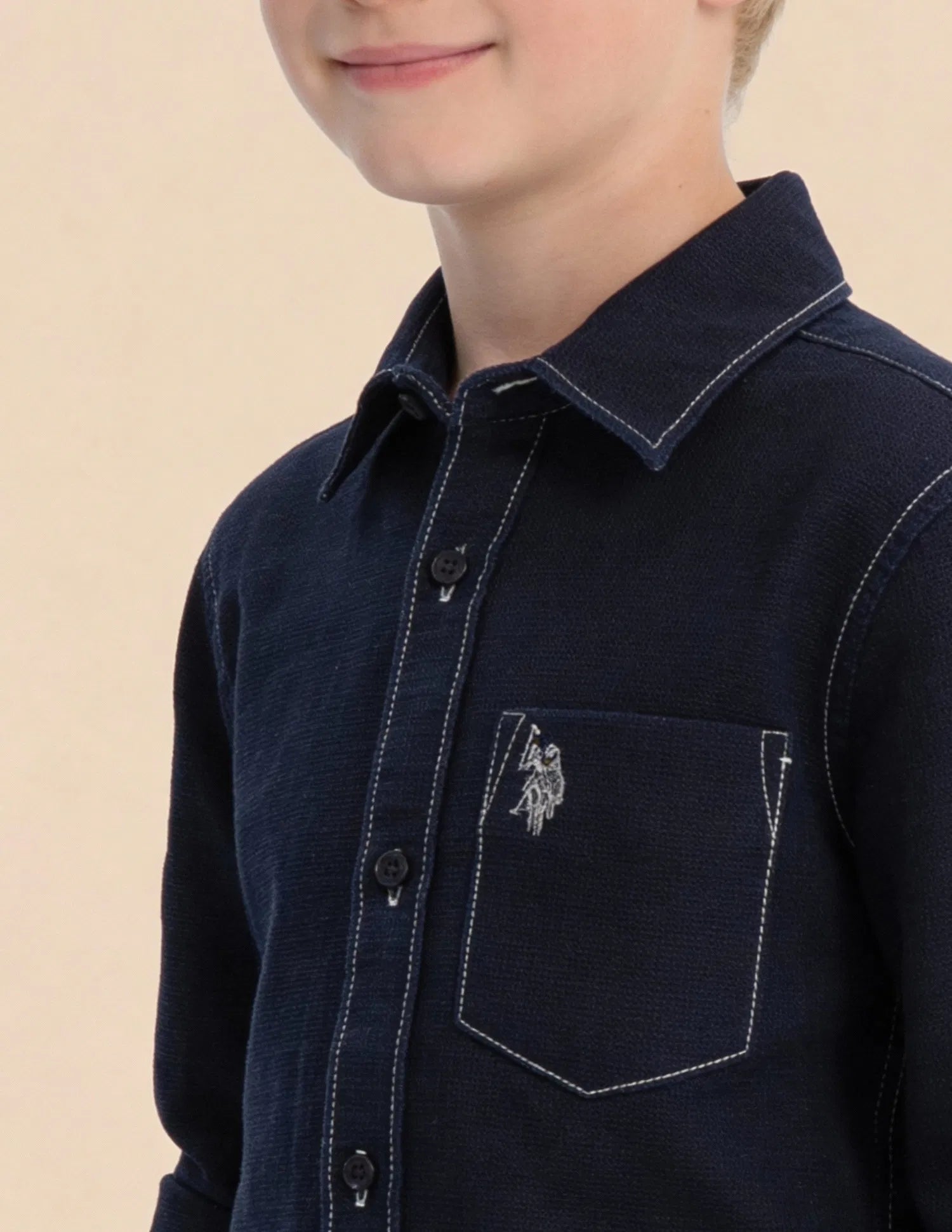 Boys Indigo Cotton Solid Dobby Shirt Regular Fit