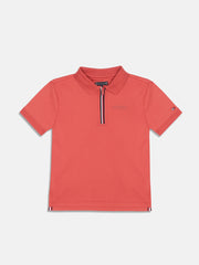 Boys Red Solid Zip Polo Collar Regular Fit Knit Top