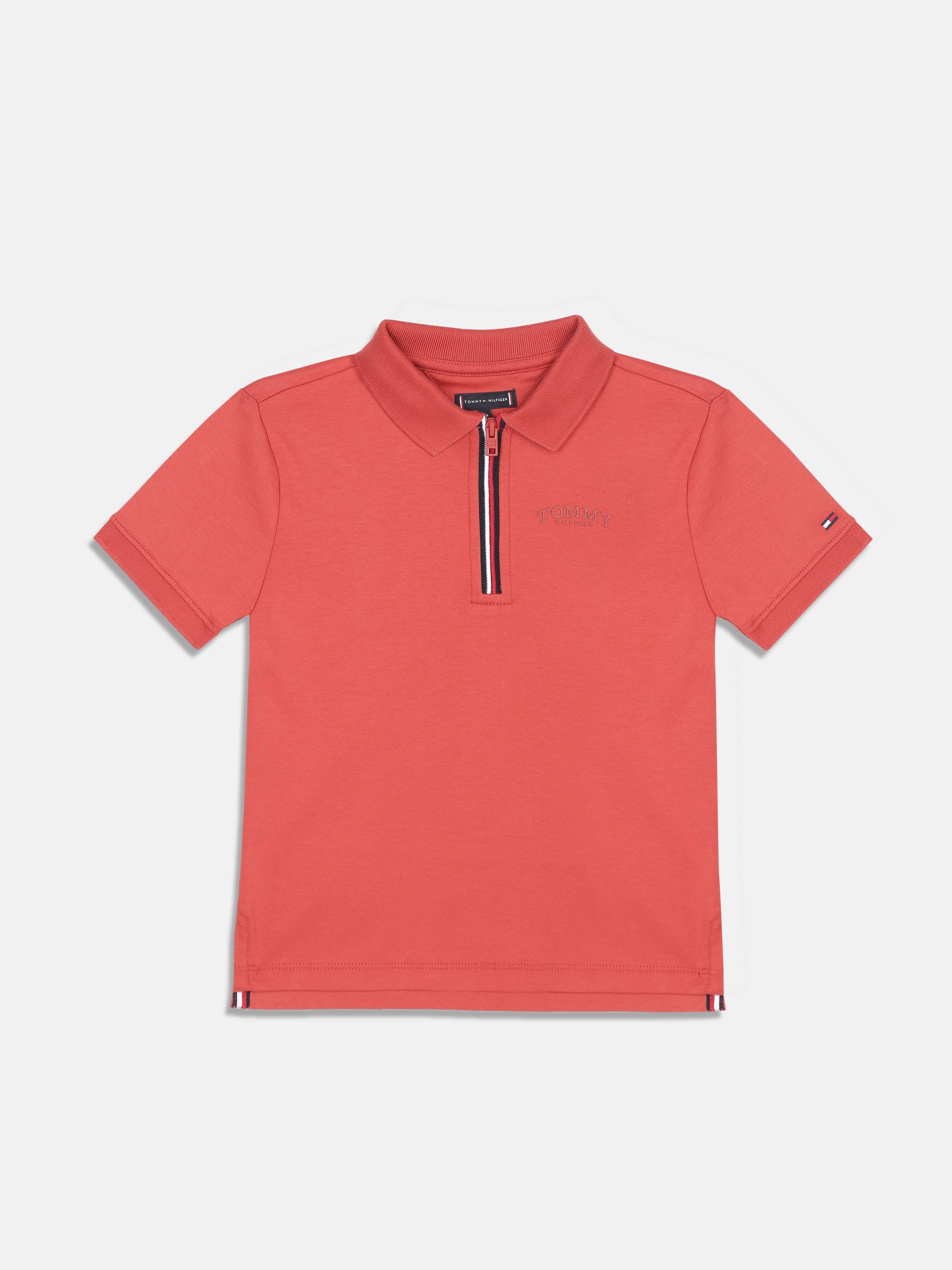 Boys Red Solid Zip Polo Collar Regular Fit Knit Top