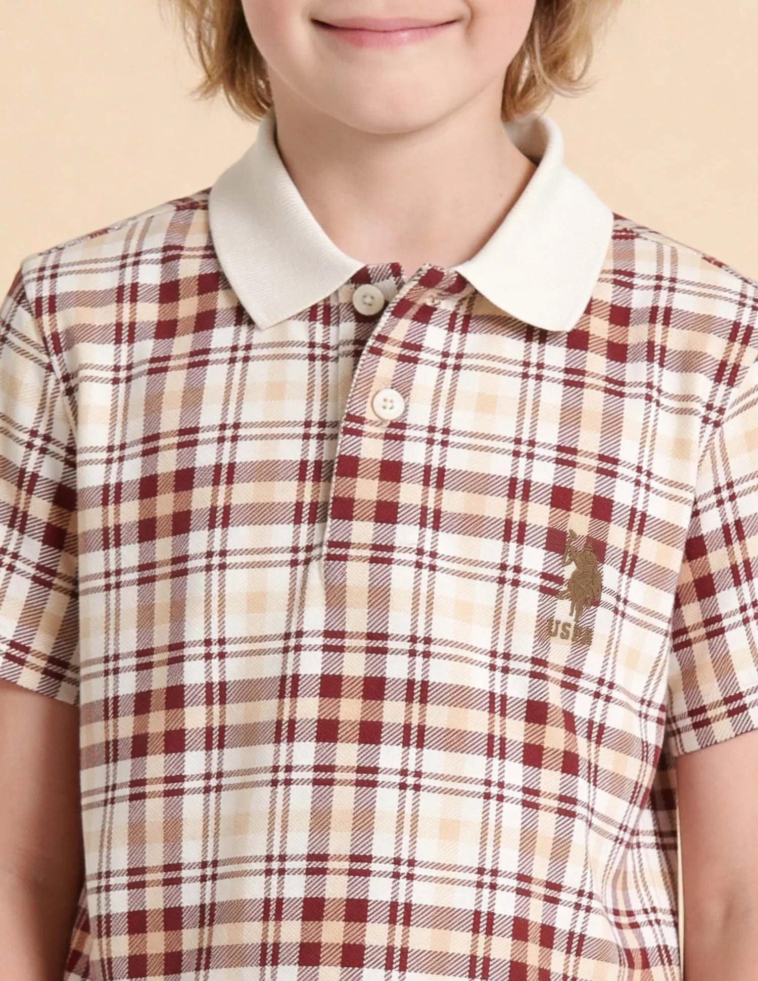 Boys White Cotton Checked Regular Fit Polo Shirt