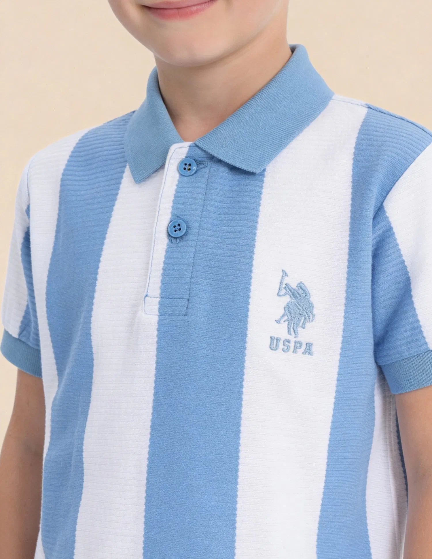Boys Blue Cotton Vertical Striped Regular Fit Polo Shirt