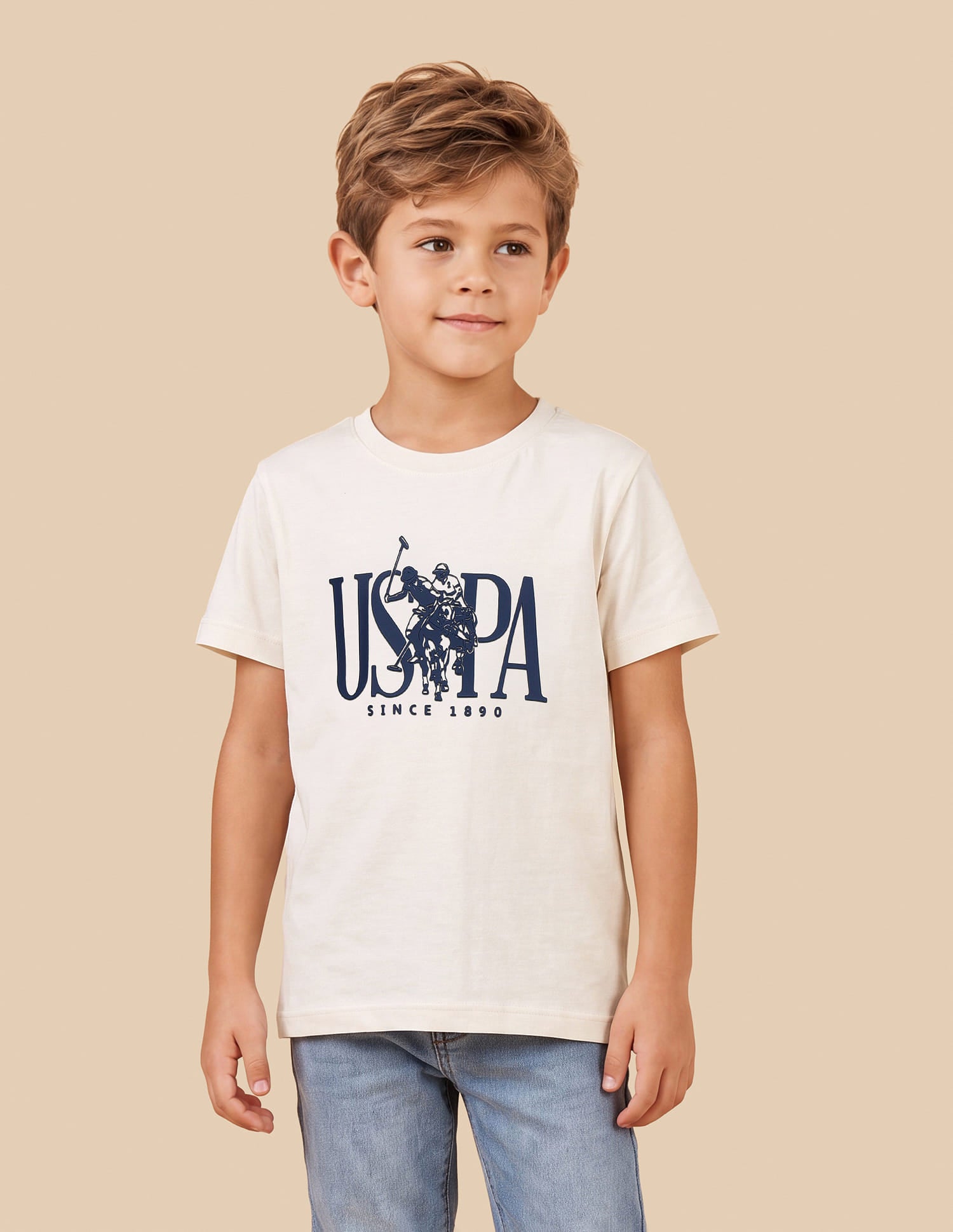 Boys Off White Cotton Logo Print Regular Fit T-Shirt
