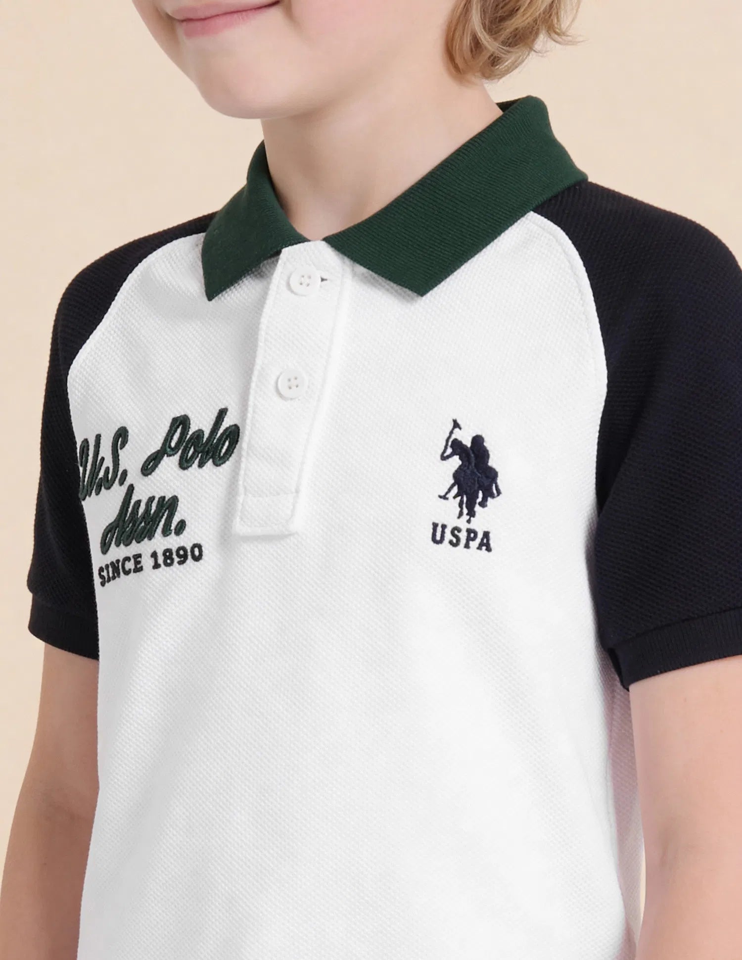 Boys White Colour Block Cotton Polo Shirt