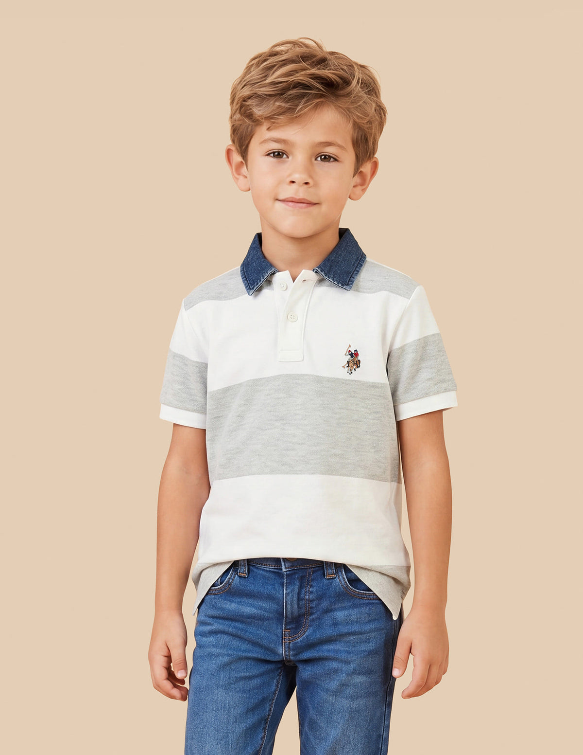 Boys Off White Horizontal Striped Regular-Fit Cotton Polo Shirt