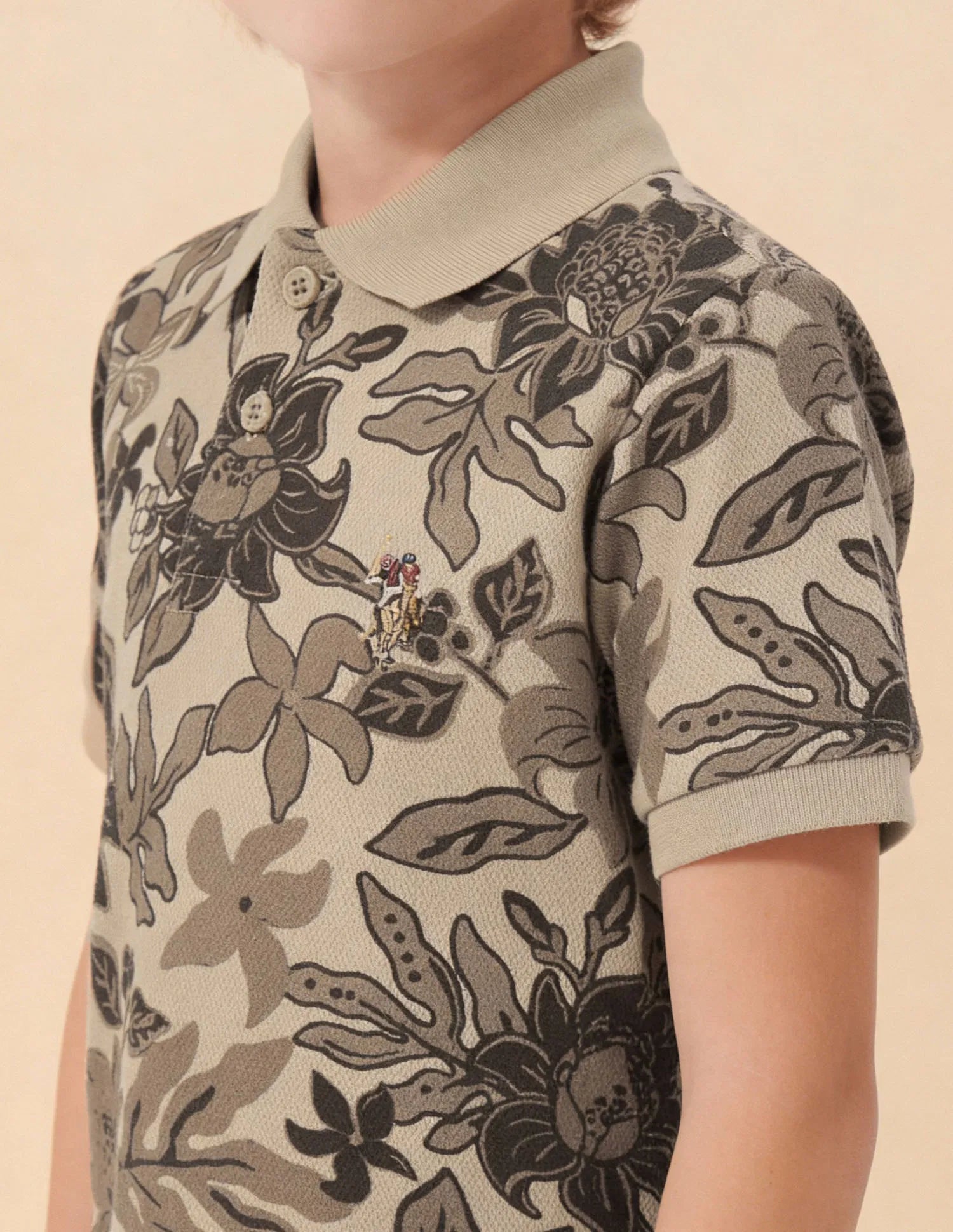 Boys Light Brown Cotton Floral Print Regular Fit Polo Shirt