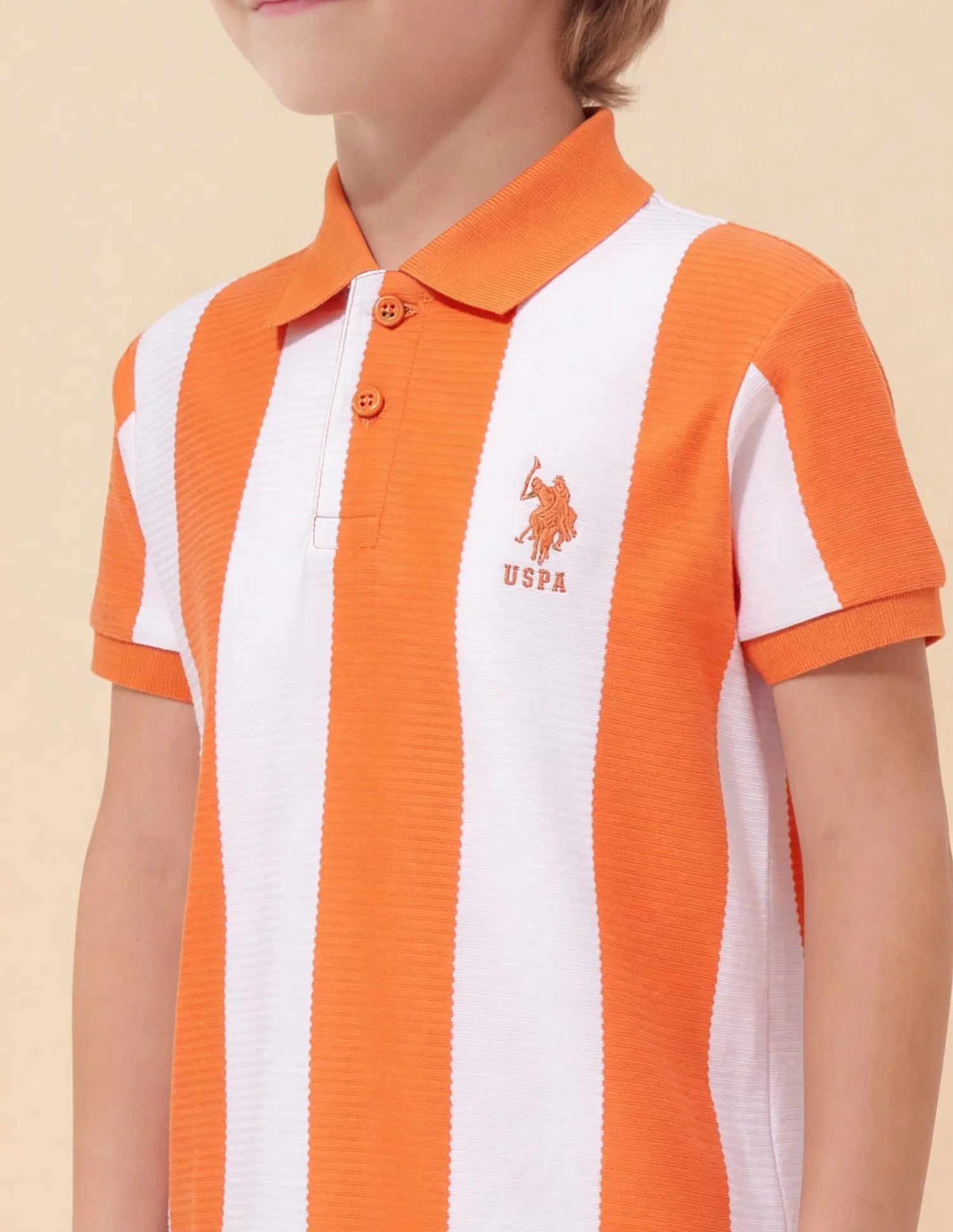 Boys Orange Cotton Blend Vertical Striped Regular Fit Polo Shirt