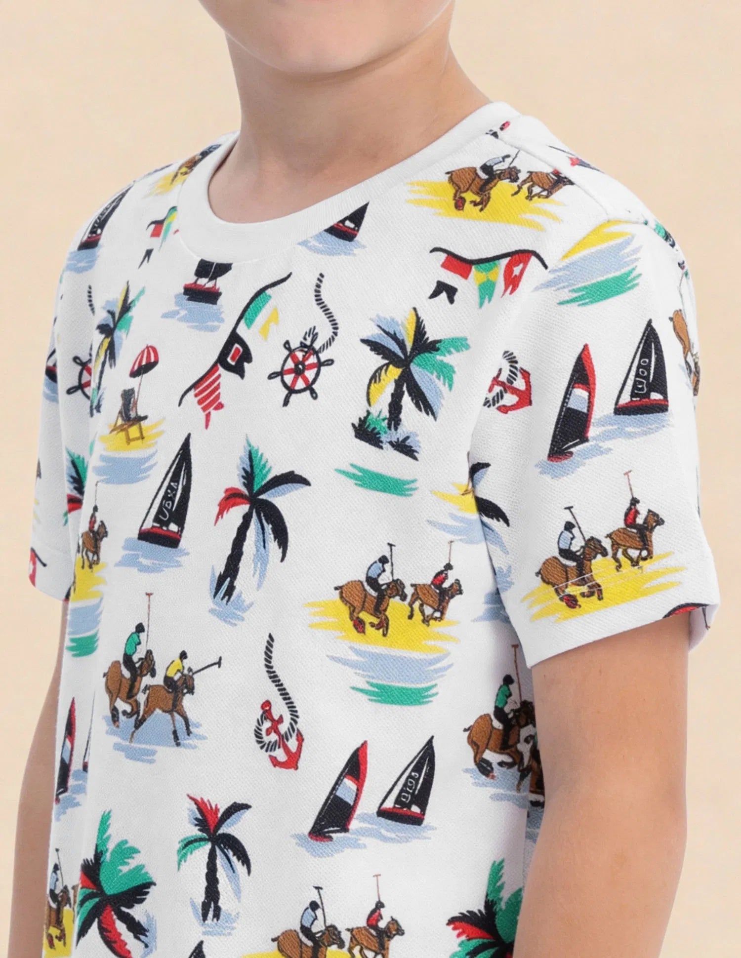 Boys White Cotton All Over Graphic Regular Fit T-Shirt