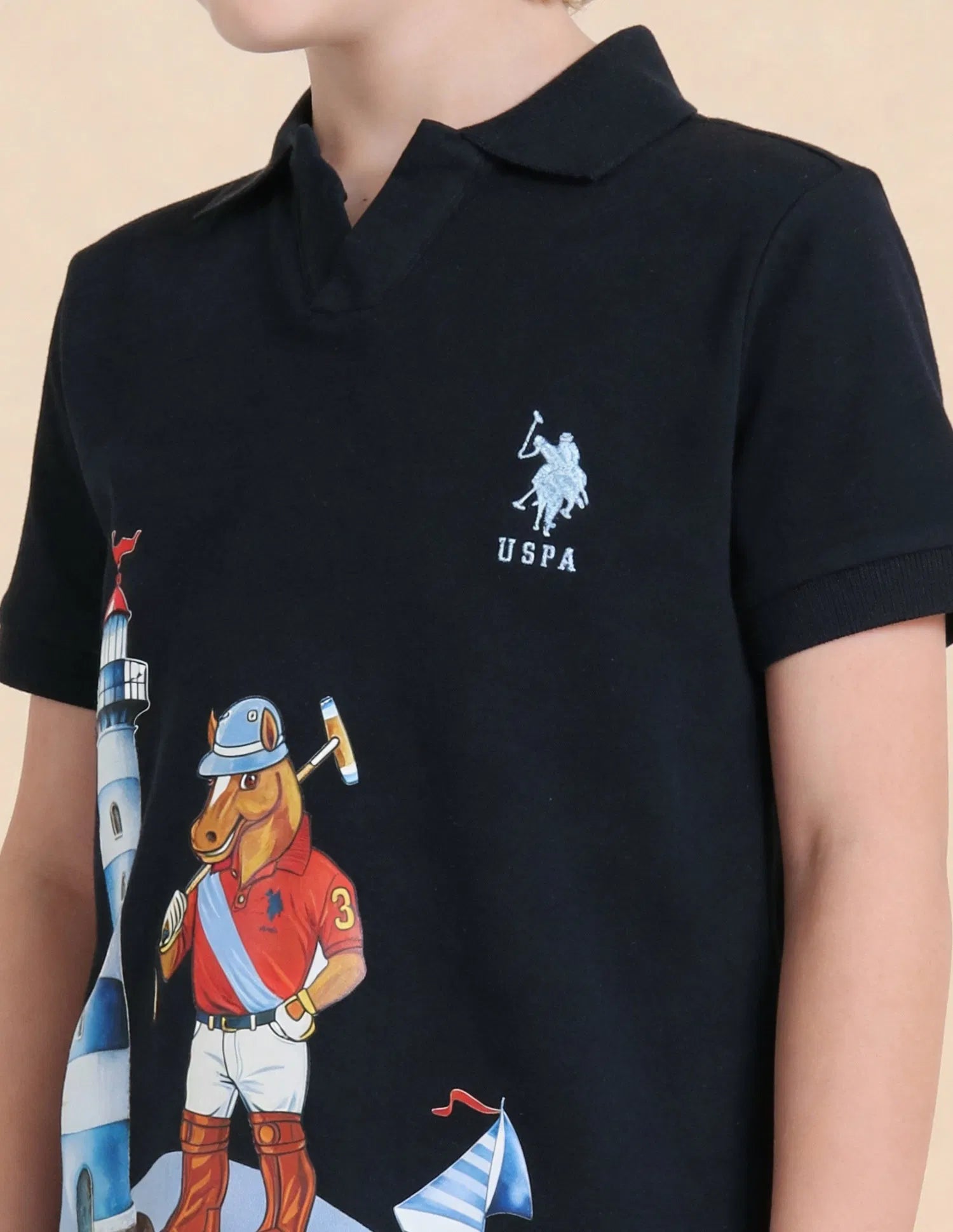 Boys Navy Cotton Graphic Print Regular Fit Polo Shirt