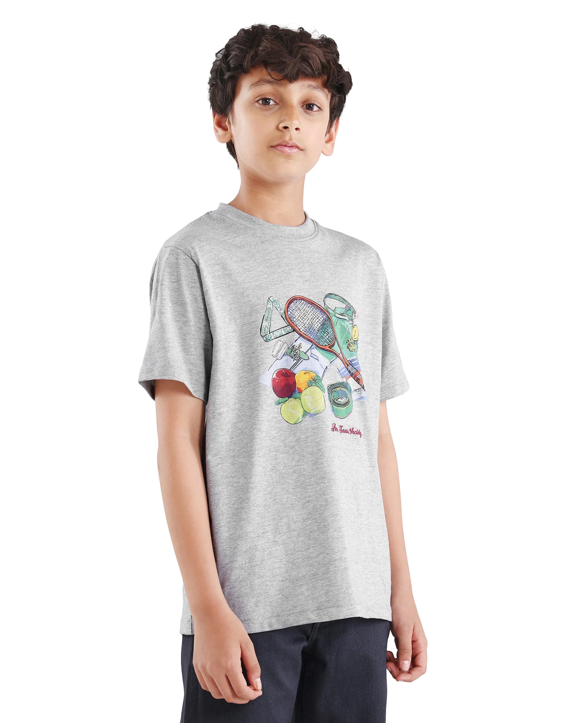 Boys Melange Grey Digital Print Regular Fit T-Shirt