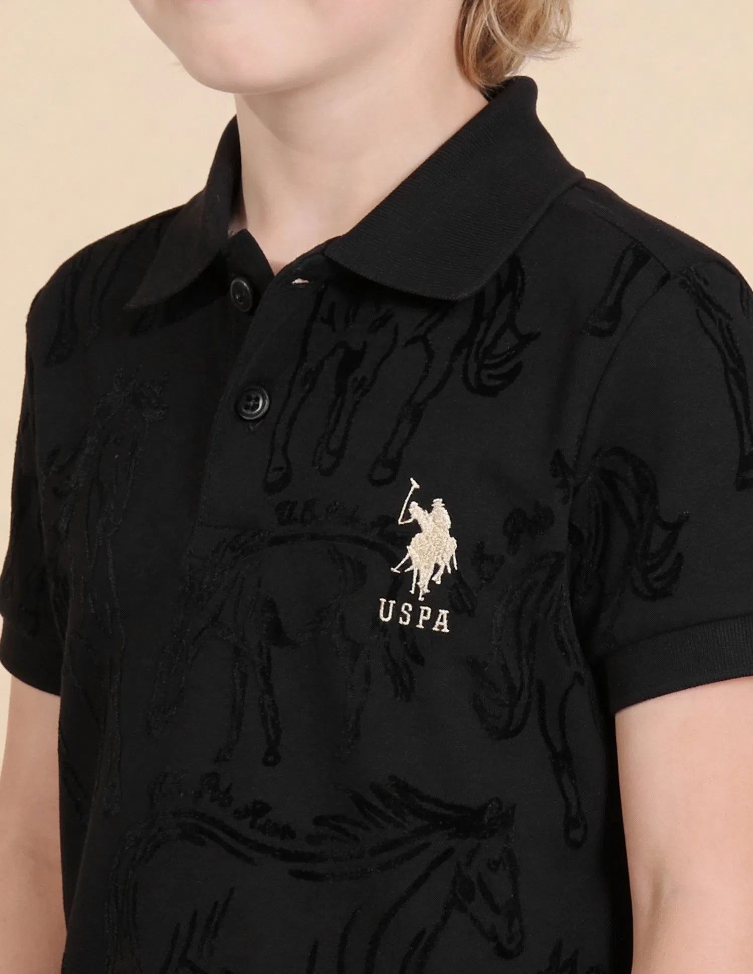 Boys Black Cotton Graphic Print Regular Fit Polo Shirt