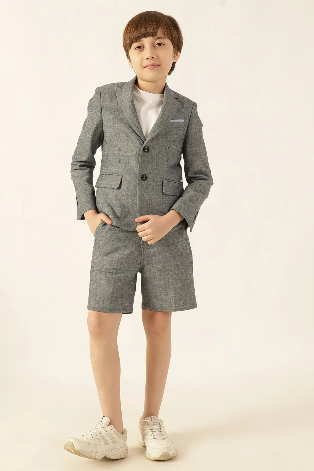 Boys Blue Solid Chambray Cotton Shorts