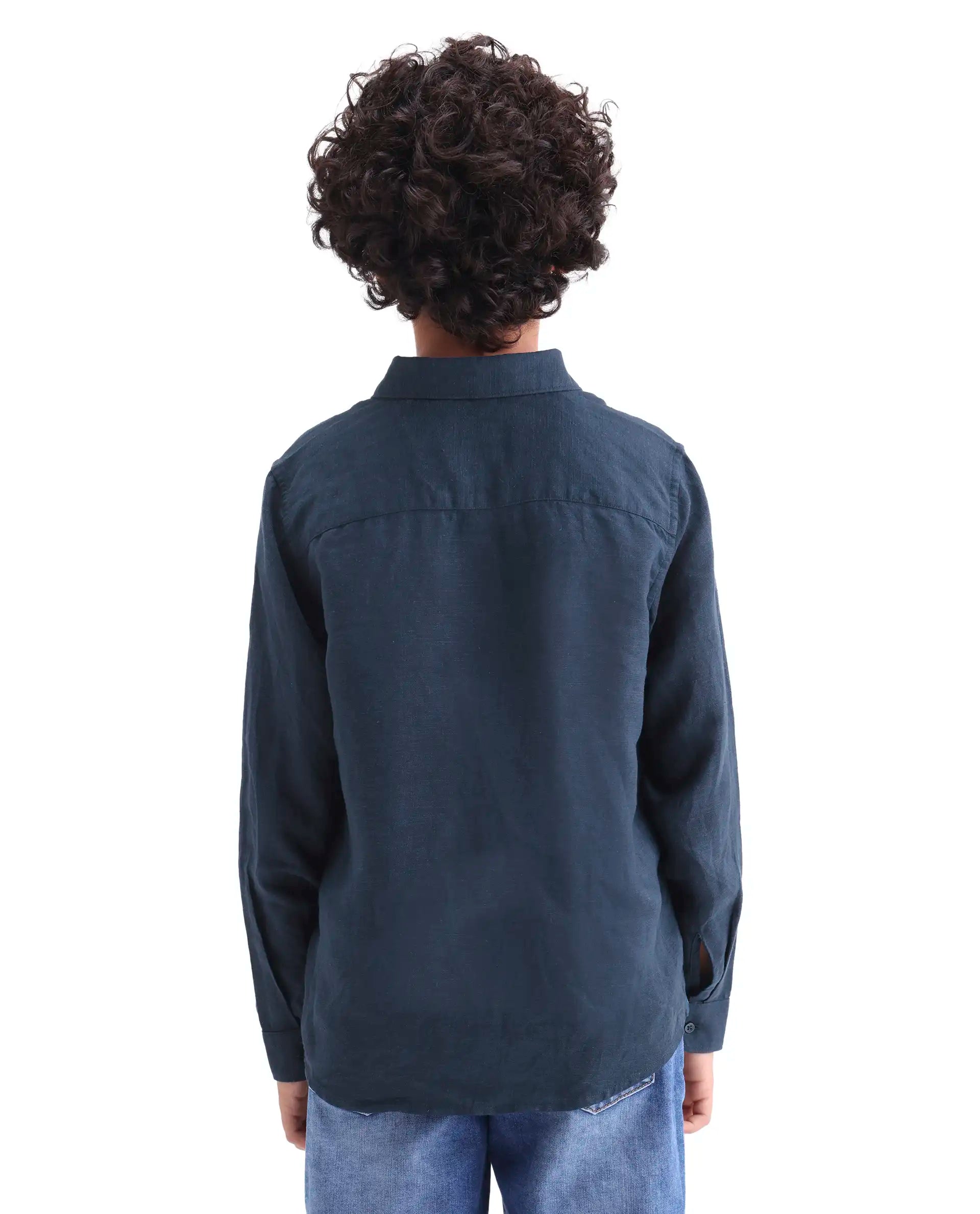 Boys Dark Navy Linen Blend Regular Fit Shirt