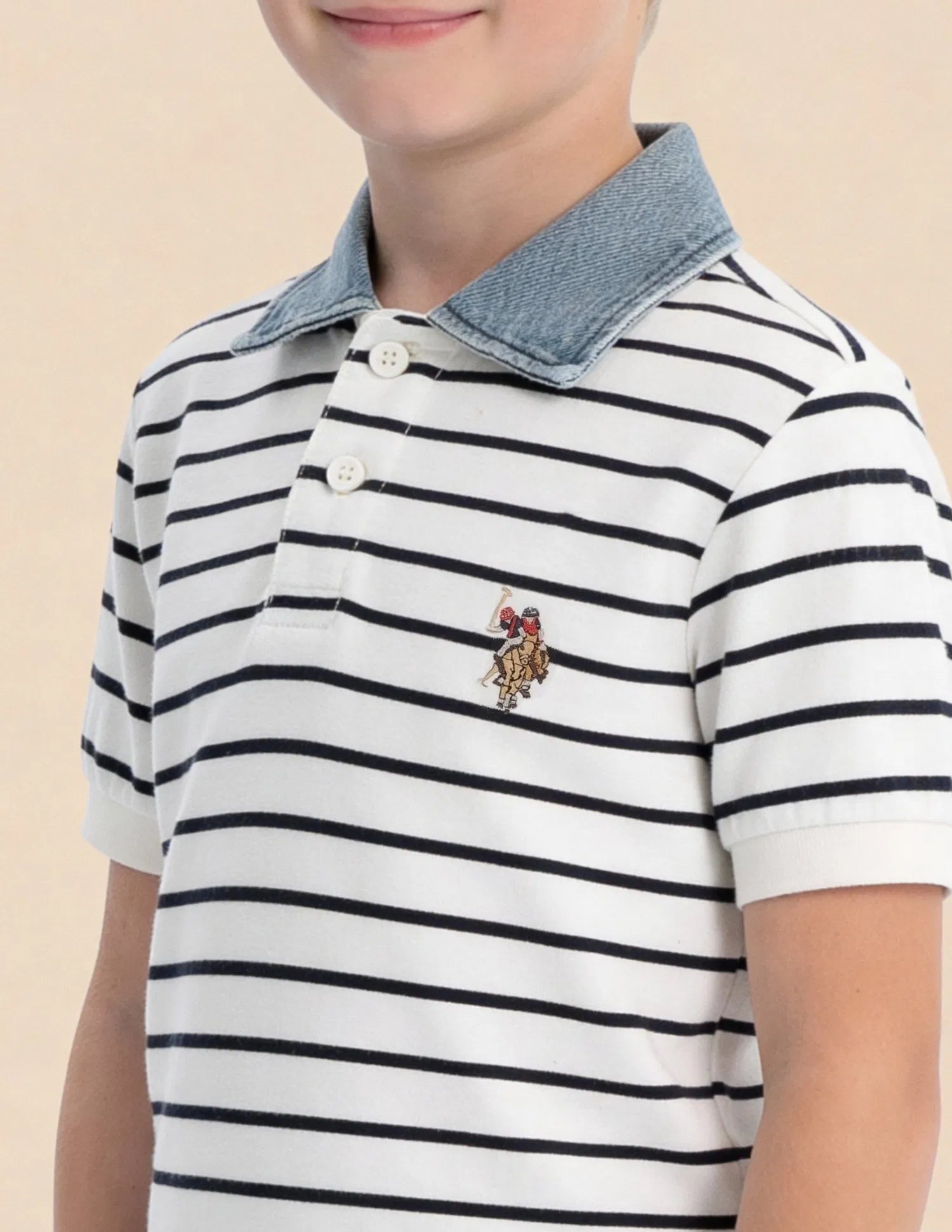 Boys Off White Cotton Horizontal Striped Regular Fit Polo Shirt