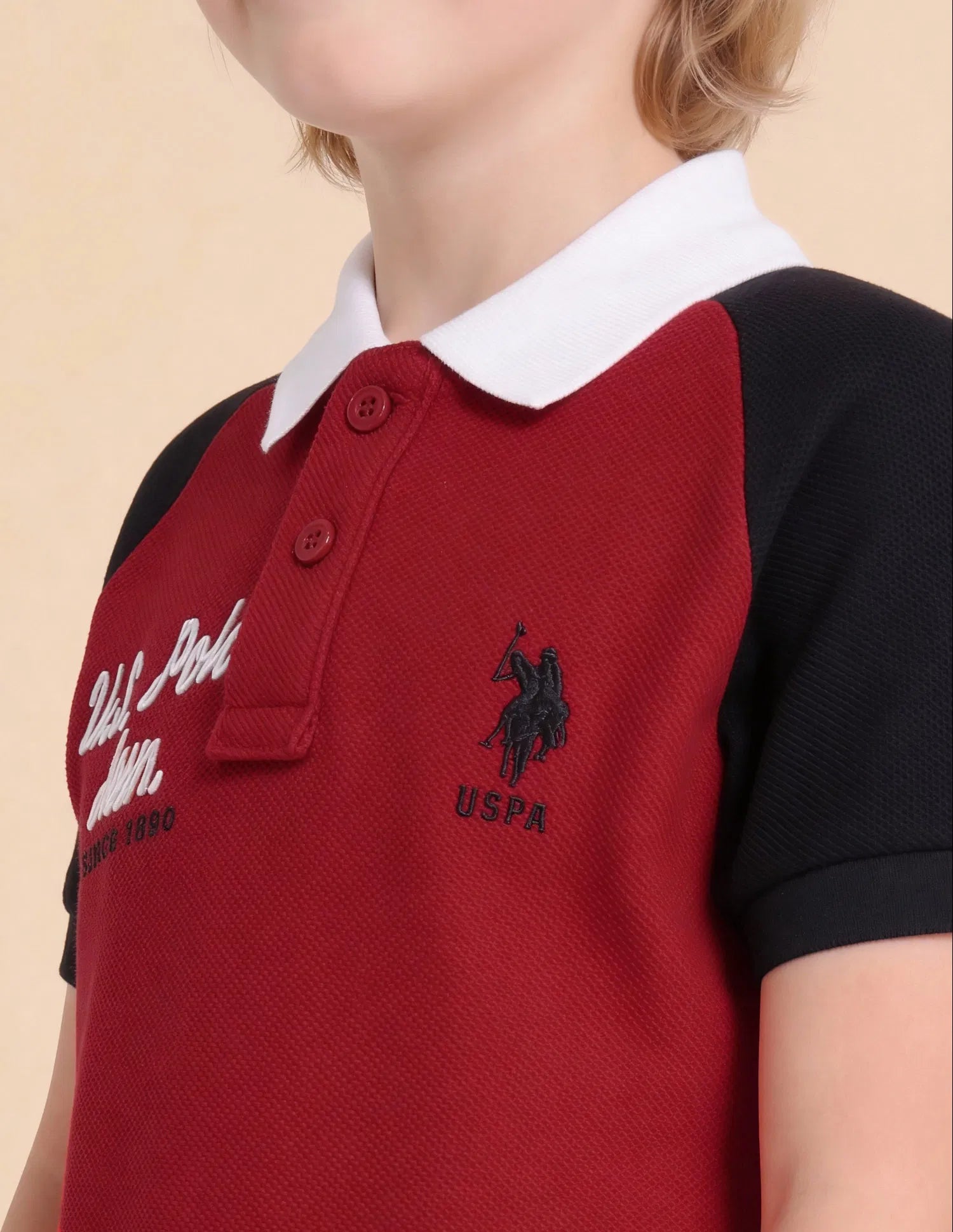 Boys Red Cotton Colour Block Regular Fit Polo Shirt