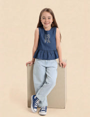 Girls Light Blue Cotton Mid Rise Barrel Fit Jeans