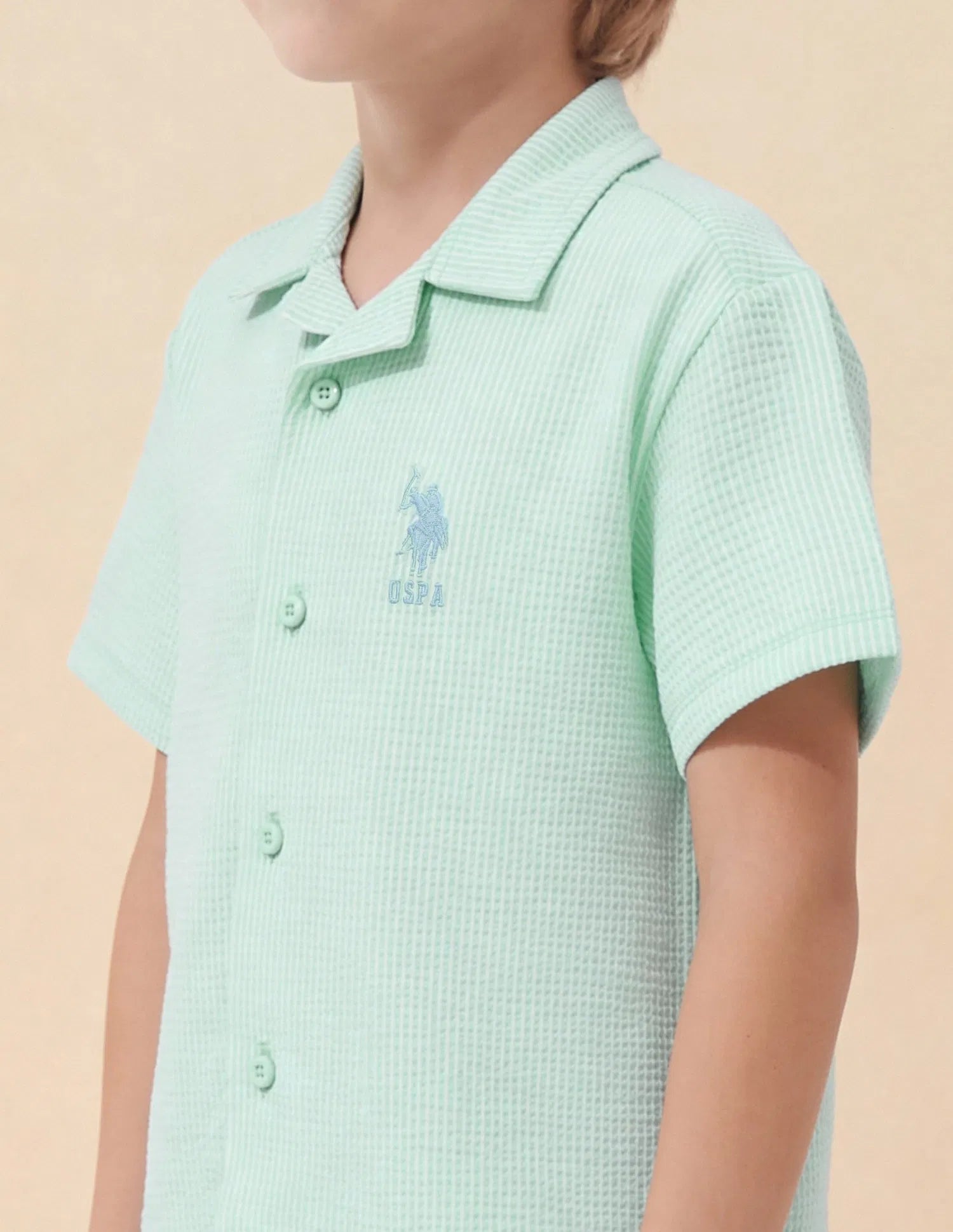 Boys Light Green Vertical Striped Seersucker Shirt – Regular Fit