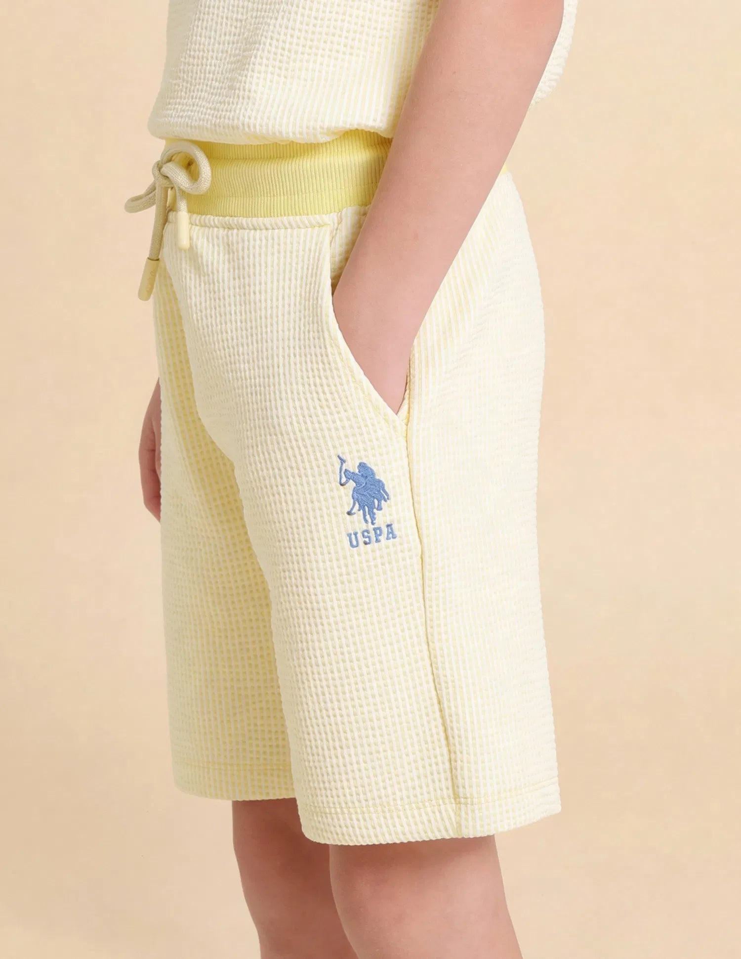 Boys Light Yellow Textured Cotton Blend Shorts Regular Fit