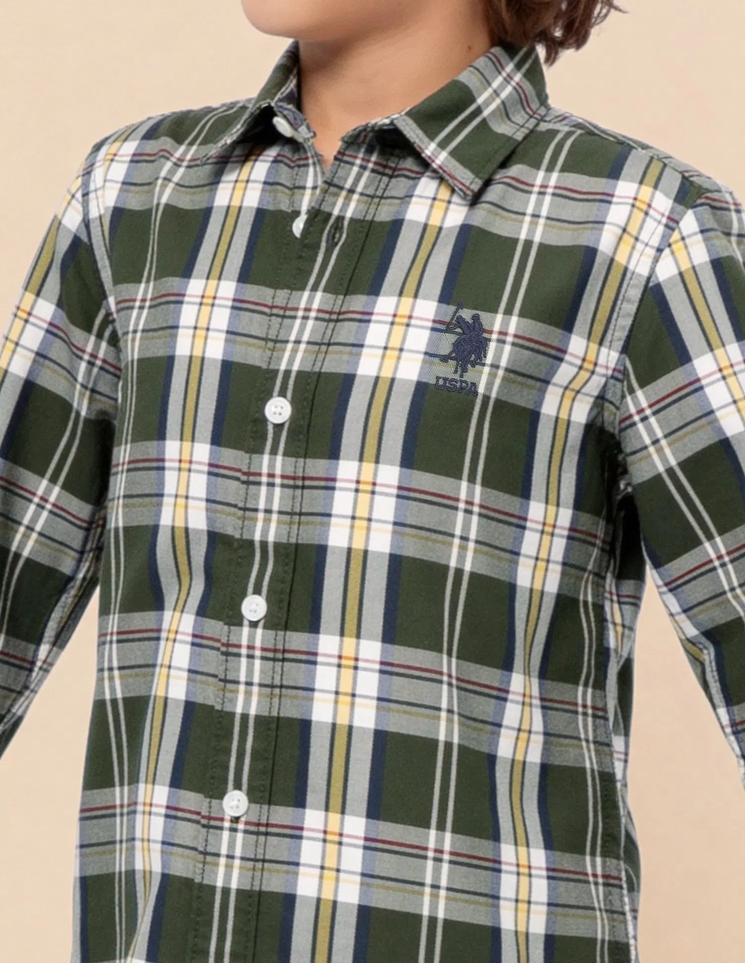 Boys Olive Plaid Checked Cotton Twill Shirt – Regular Fit