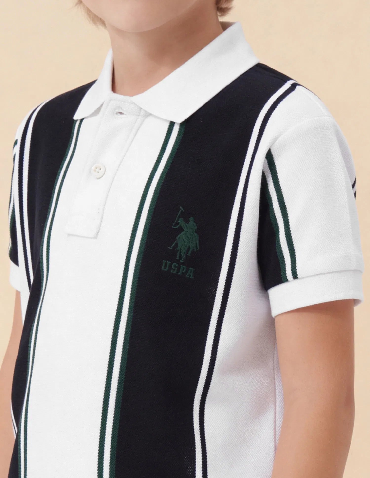 Boys White Cotton Vertical Striped Regular Fit Polo Shirt