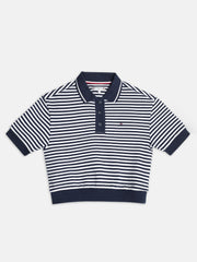 Girls Blue Striped Cotton Blend Polo Knit Top