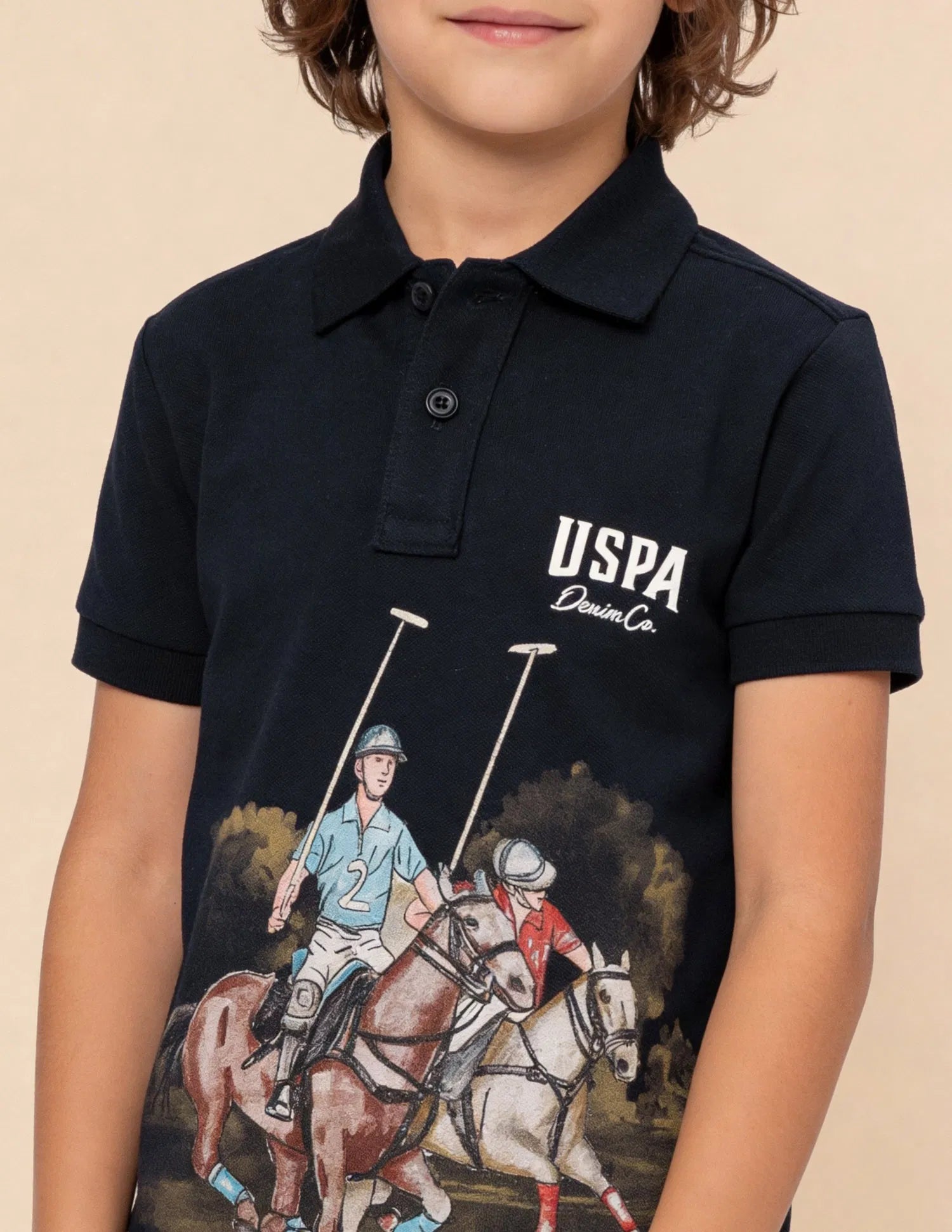 Boys Navy Cotton Graphic Print Regular Fit Polo Shirt