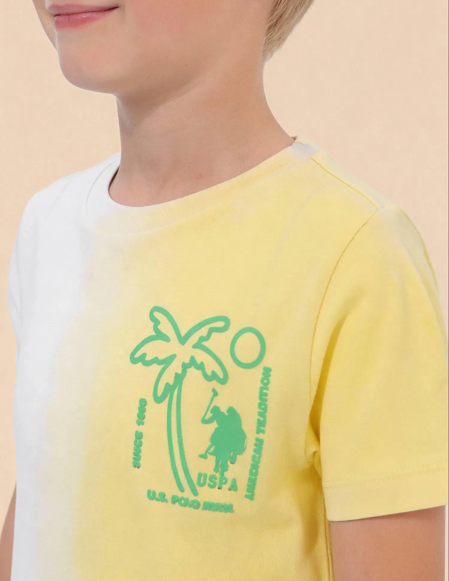 Boys Yellow Cotton Ombre Graphic Regular Fit T-Shirt