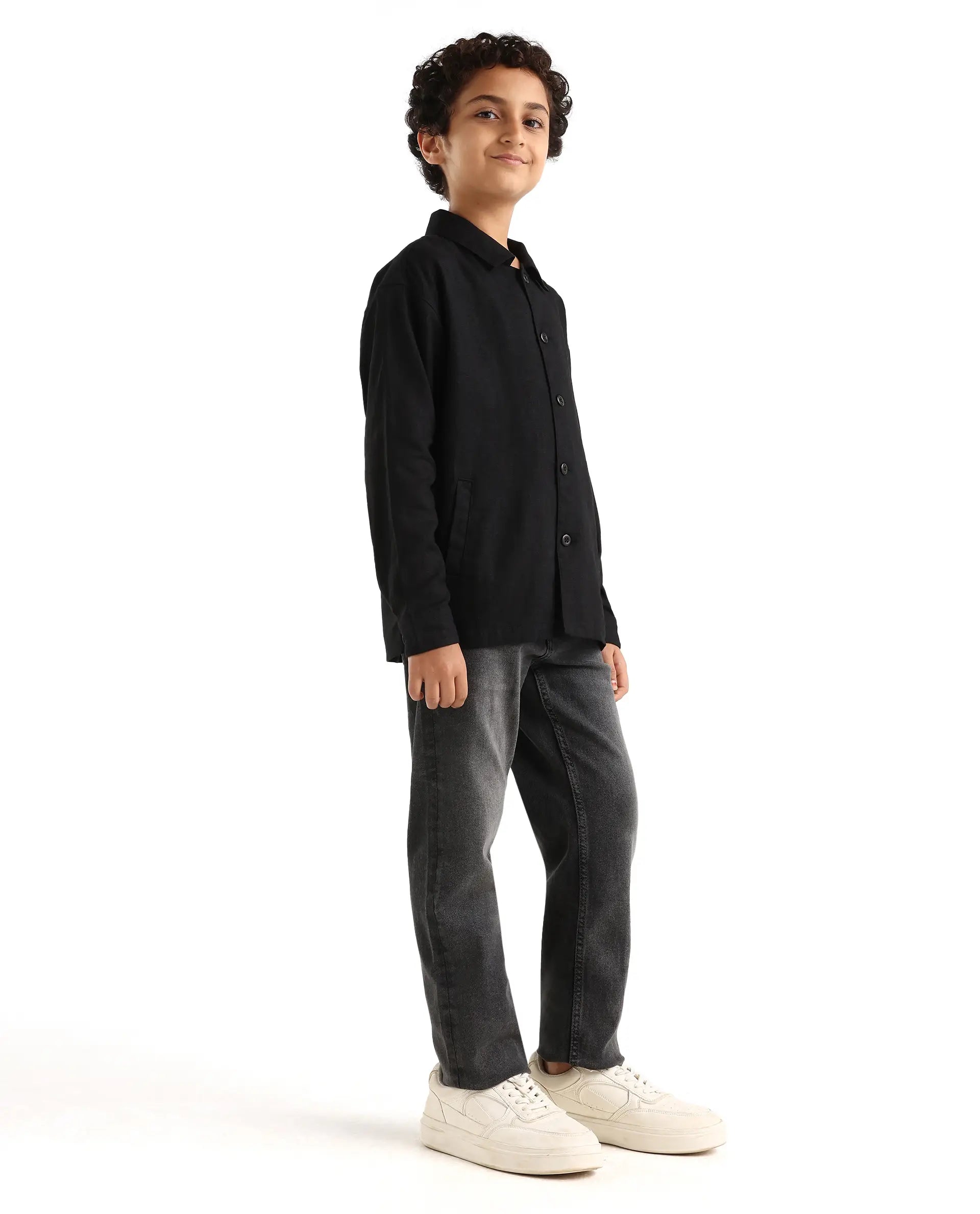 Boys Grey Regular Fit Button-Zip Jeans