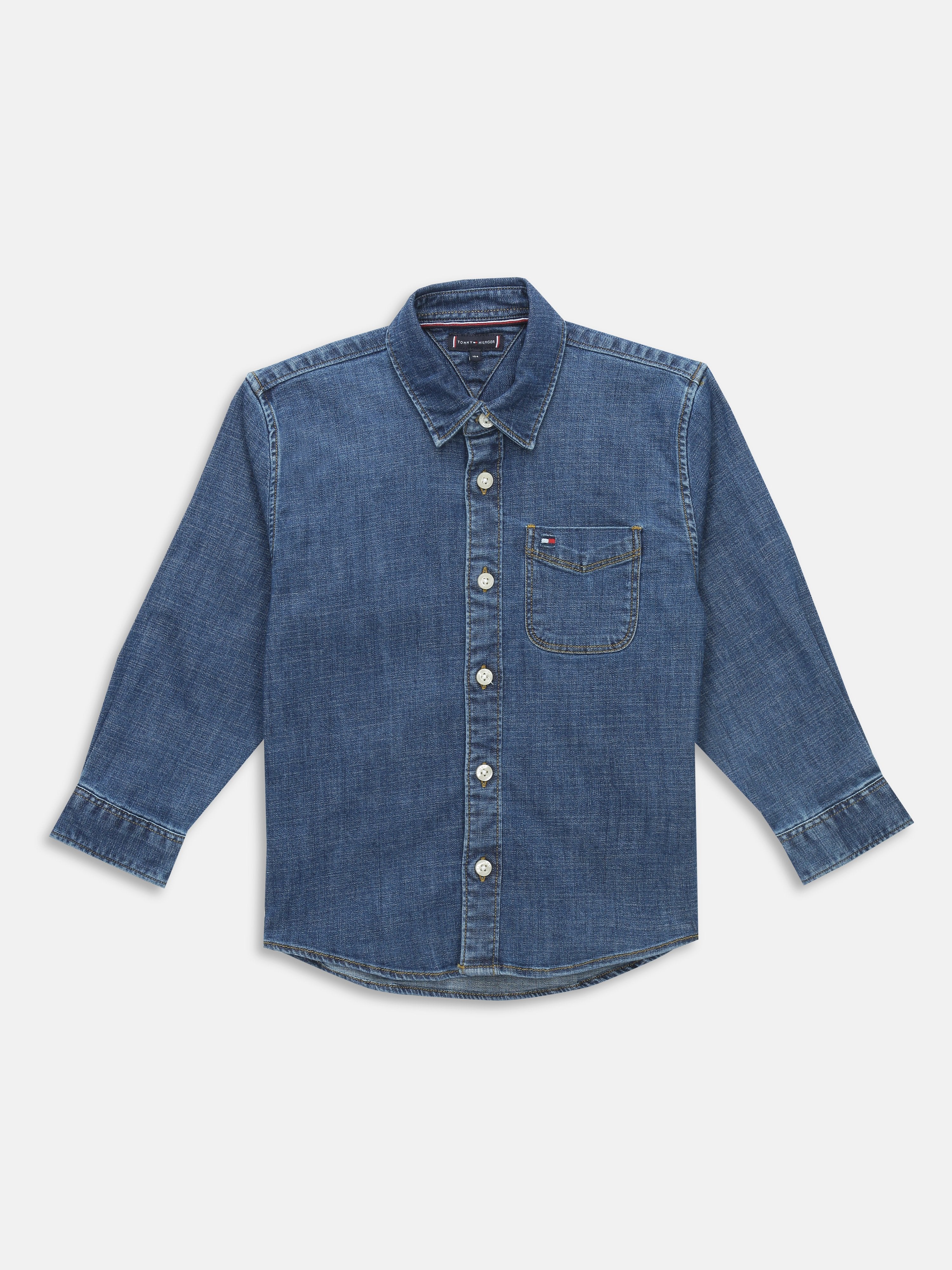 Boys Blue Solid Classic Fit Shirt Collar Woven Top