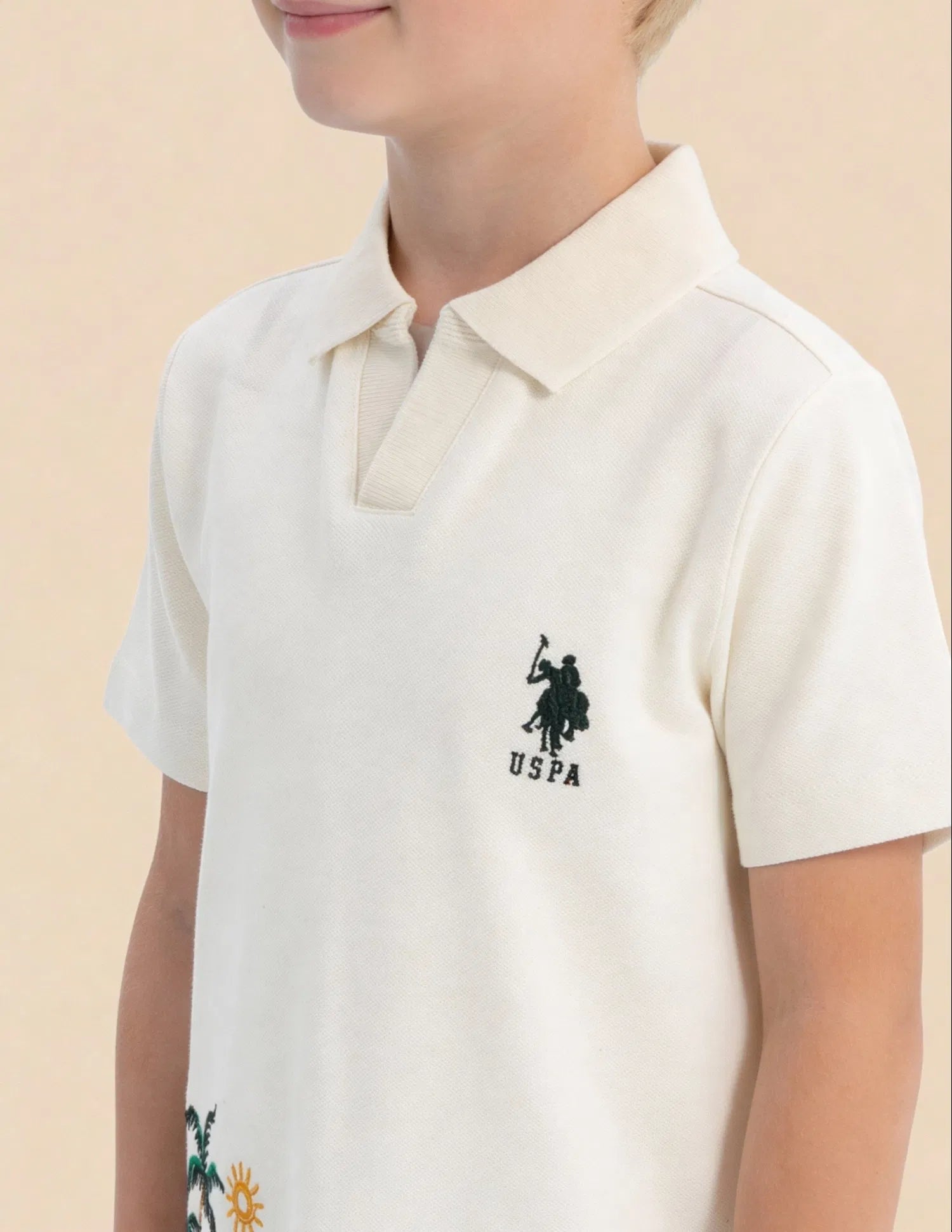Boys Off White Cotton Embroidered Regular Fit Polo Shirt